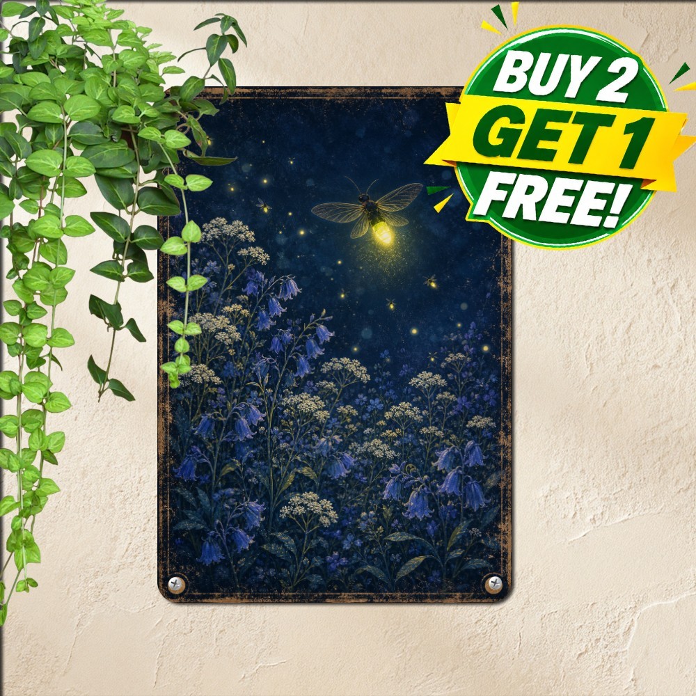 Glowing Fireflies Midnight Garden Sign Whimsical Blue Night Metal Tin Plaque