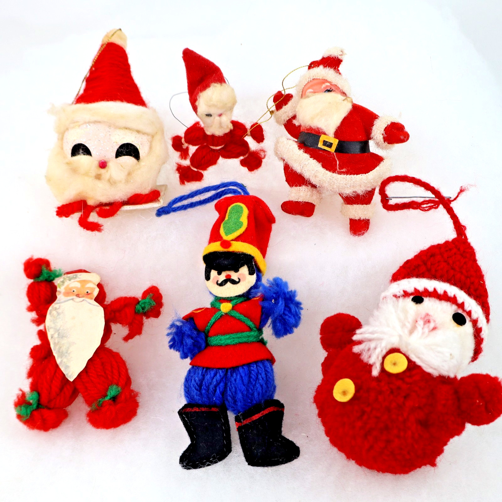 6 Vintage MCM Lot Ornaments Santa flocked yarn spun cotton 1960s Japan Christmas