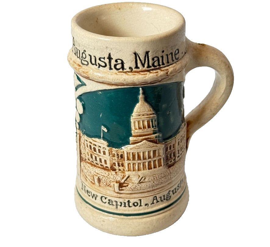 AUGUSTA MAINE ME BEER STEIN GERMANY POTTERY ANTIQUE SOUVENIR CUP