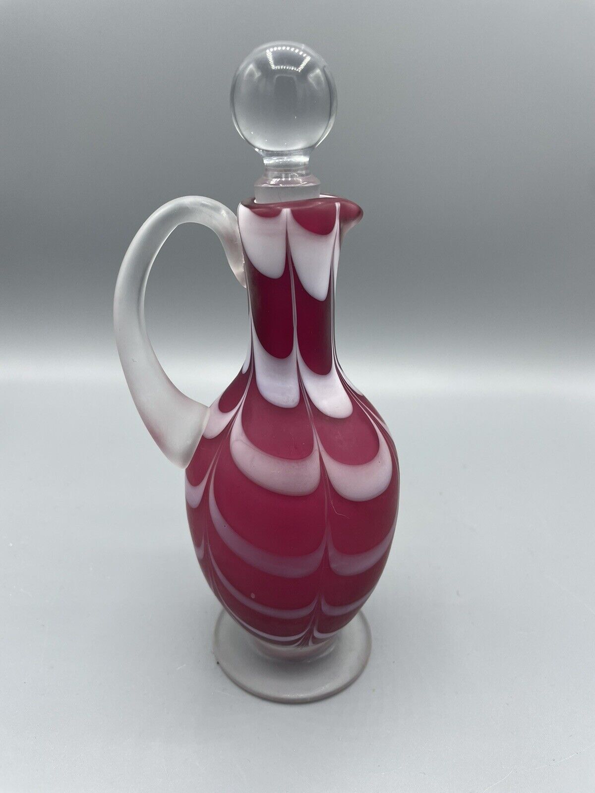 Beautiful Vintage Nailsea Cranberry Satin Glass Footed Cruet - White Feathering