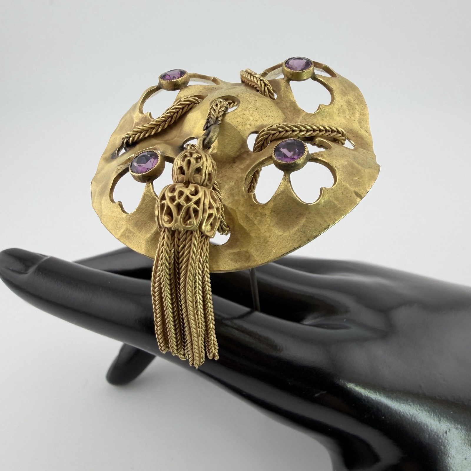 Antique Edwardian Hatpin Purple Glass Gilt Metal Tassel c1900-1915