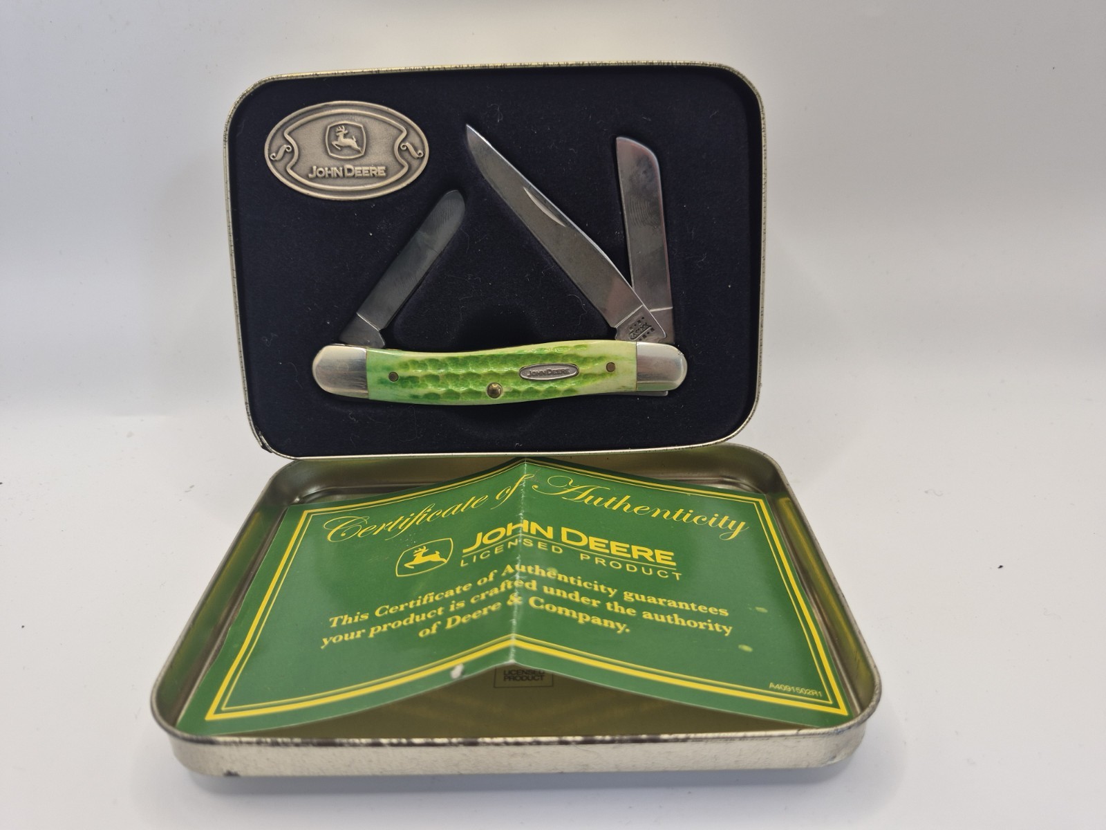 Vintage 2002 Case XX John Deere 6318 SS Green Bone Stockman Knife W/Tin Box. ML Vintage 2002 Case XX John Deere 6318 SS Green Bone Stockman Knife W/Tin Box. ML