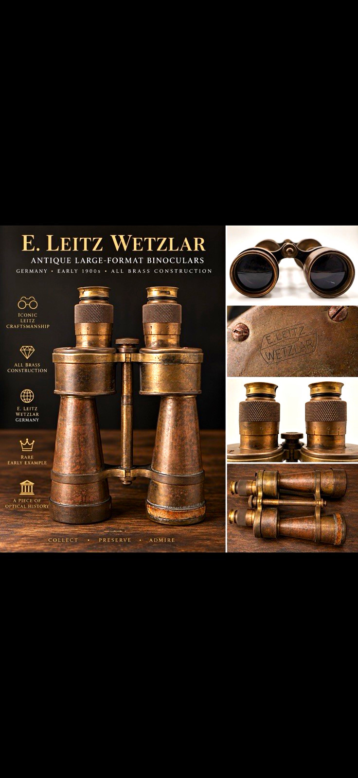 Rare Antique E. Leitz Wetzlar Large Brass Binoculars Germany Pre-WWI / WWI Era Rare Antique E. Leitz Wetzlar Large Brass Binoculars Germany Pre-WWI / WWI Era