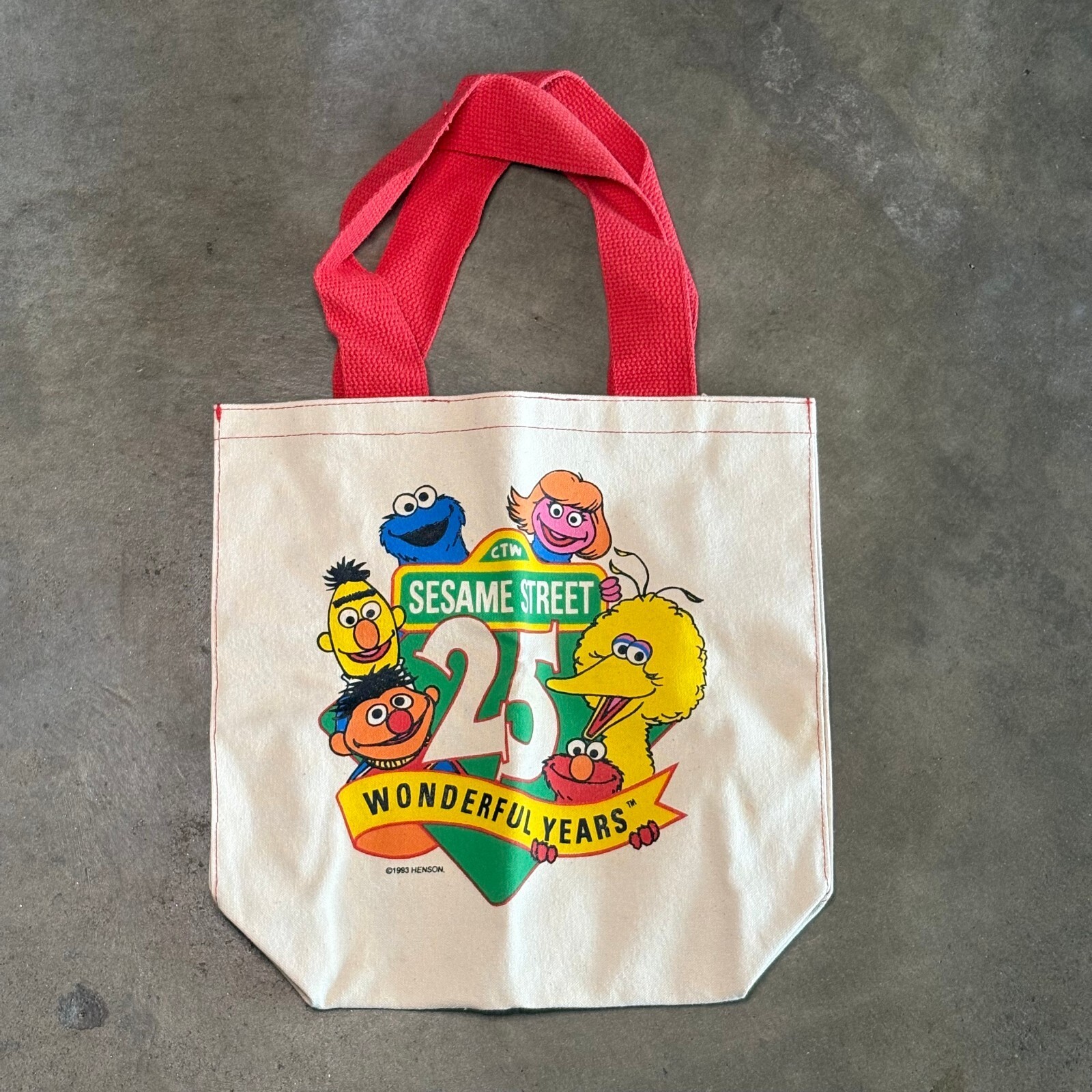 1993 Vintage Sesame Street 25th Anniversary Canvas Tote Bag with Red Handles