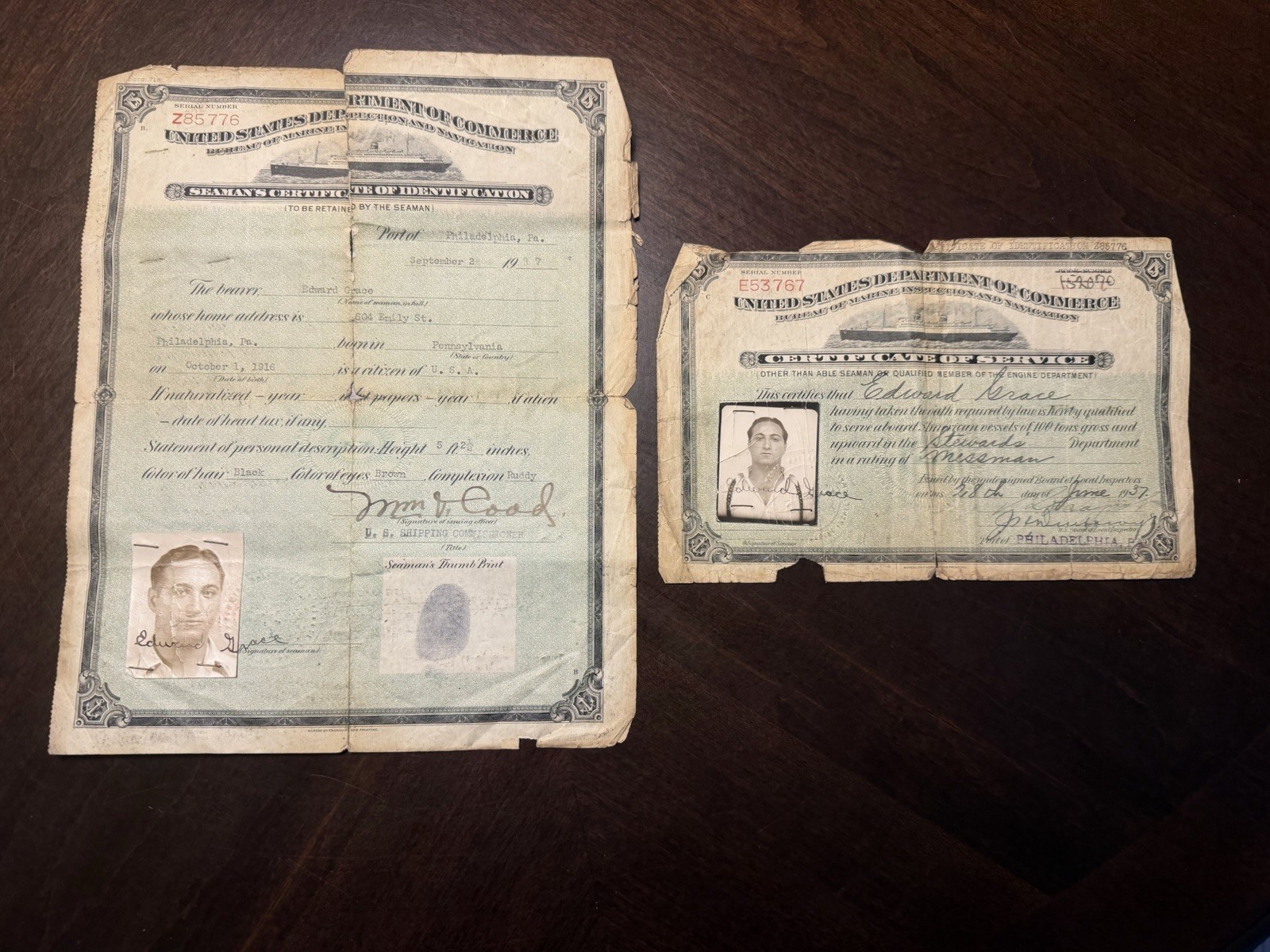 Vintage 1937 US Merchant Marine Seaman Documents Lot ID Certificate Photo PA