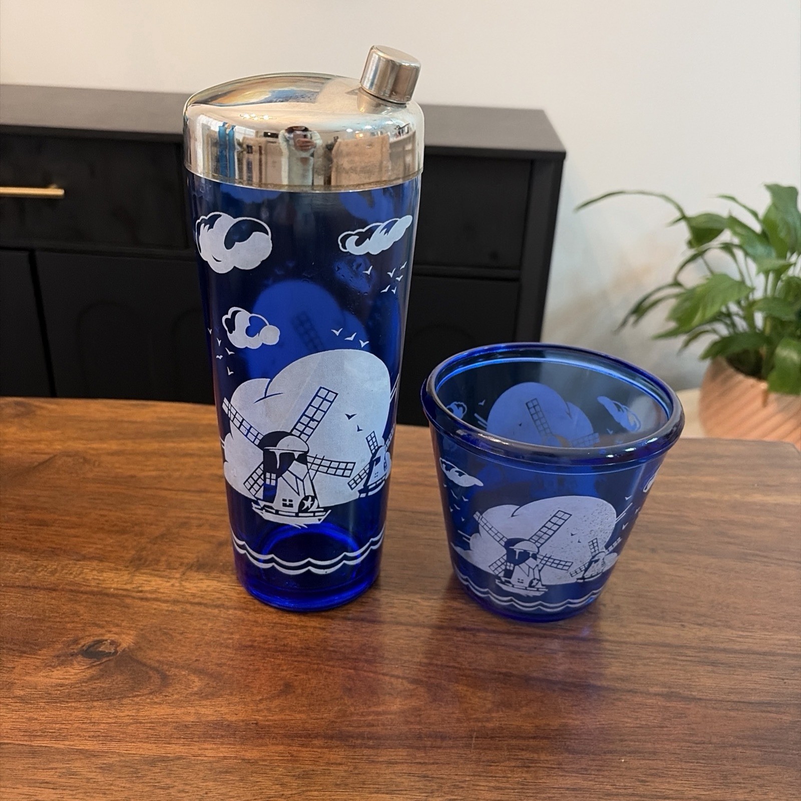 Vintage Hazel Atlas Glass Cobalt Blue Windmill Cocktail Shaker & Ice Bucket Set Vintage Hazel Atlas Glass Cobalt Blue Windmill Cocktail Shaker & Ice Bucket Set