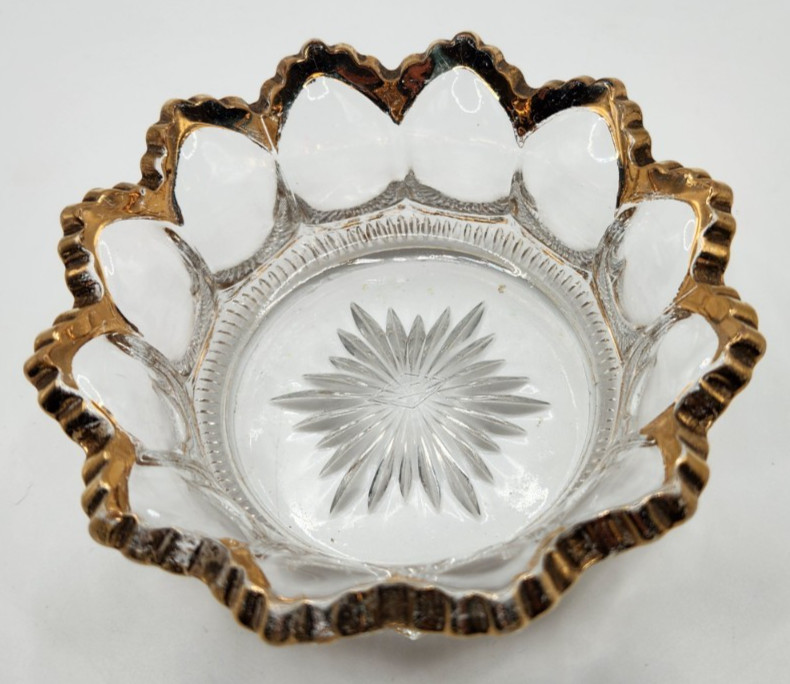 Vintage EAPG Gold trim Scalloped Glass Bowl GLOWS GREEN Please read description