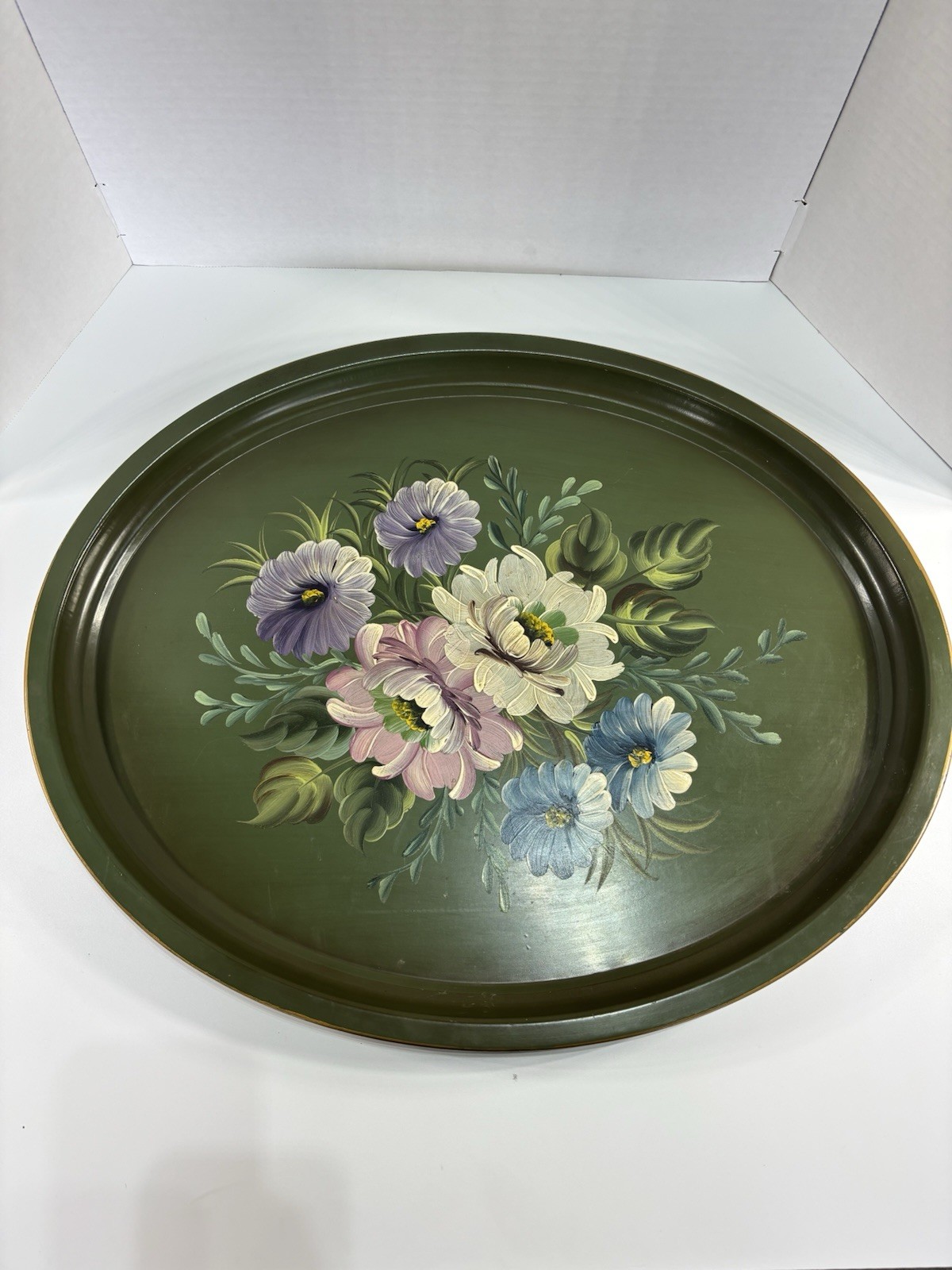 Vintage Hand-Painted Floral Toleware Large Oval Metal Tray Cottagecore 24\
