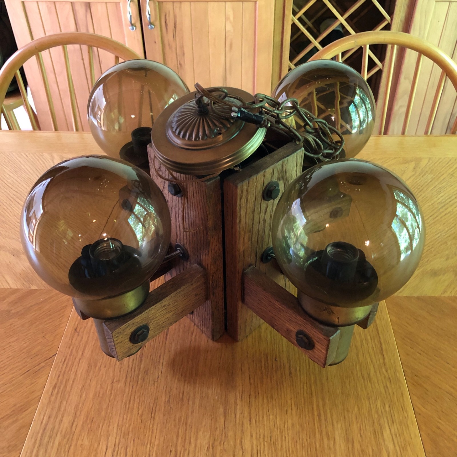 Vintage MCM 1970’s 1980’s Smokey Glass Globe Oak Brass Chandelier