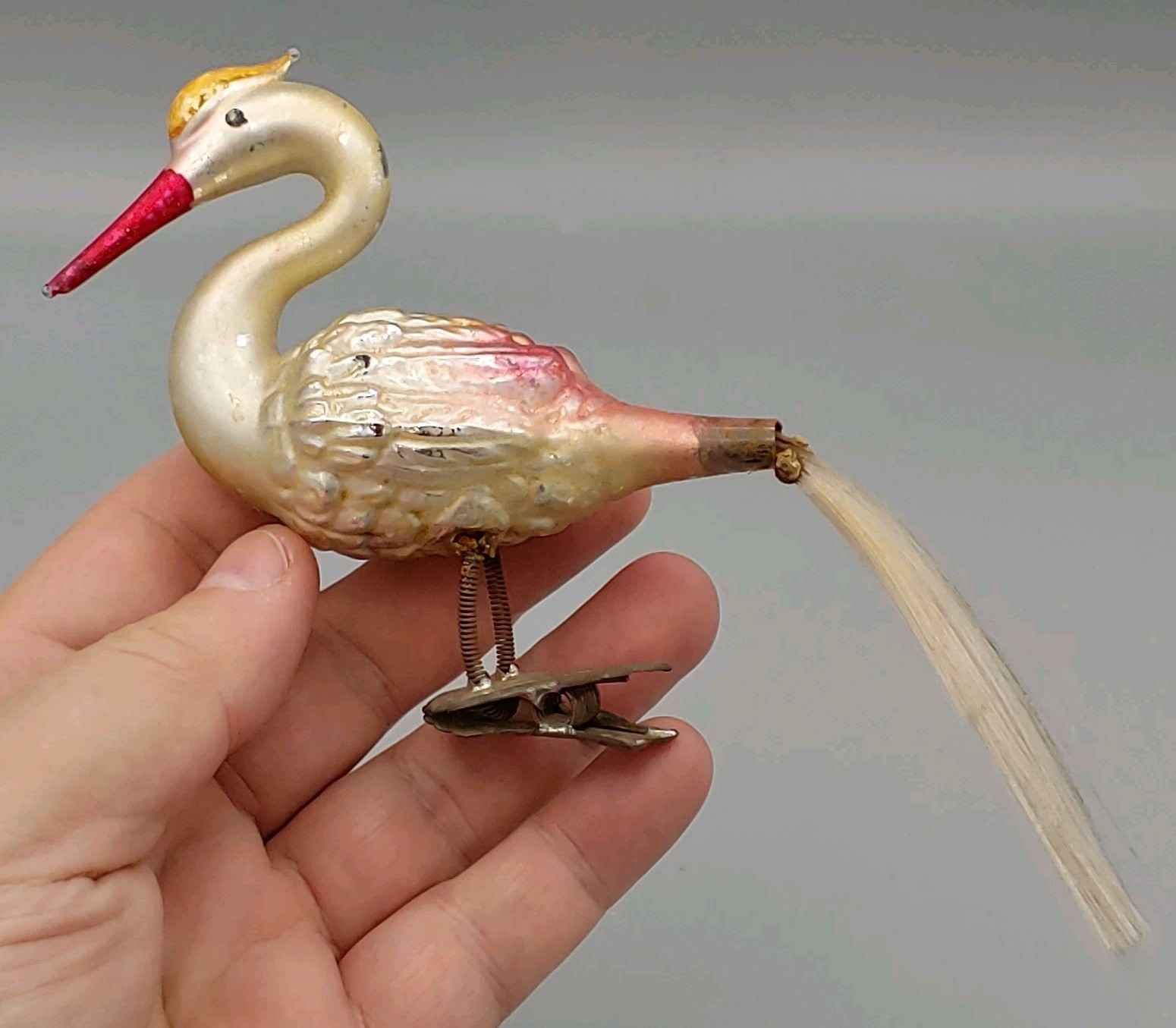 Antique German Glass Stork Crane Christmas Ornament Spun Glass Tail Clip On 1910