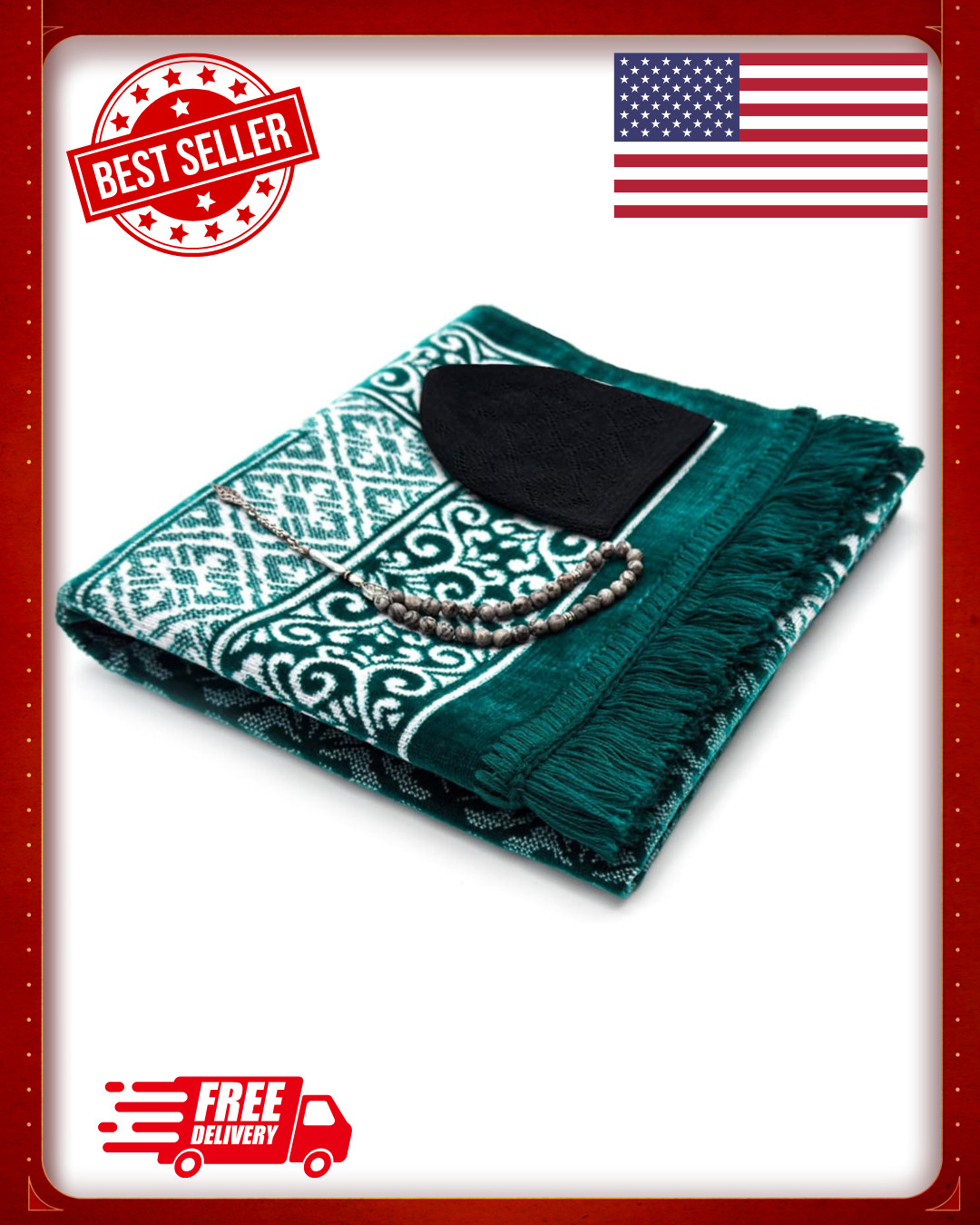 Velvet Prayer Mat All in One Set for Islam - Thick Muslim Prayer Rug,Islamic Gif
