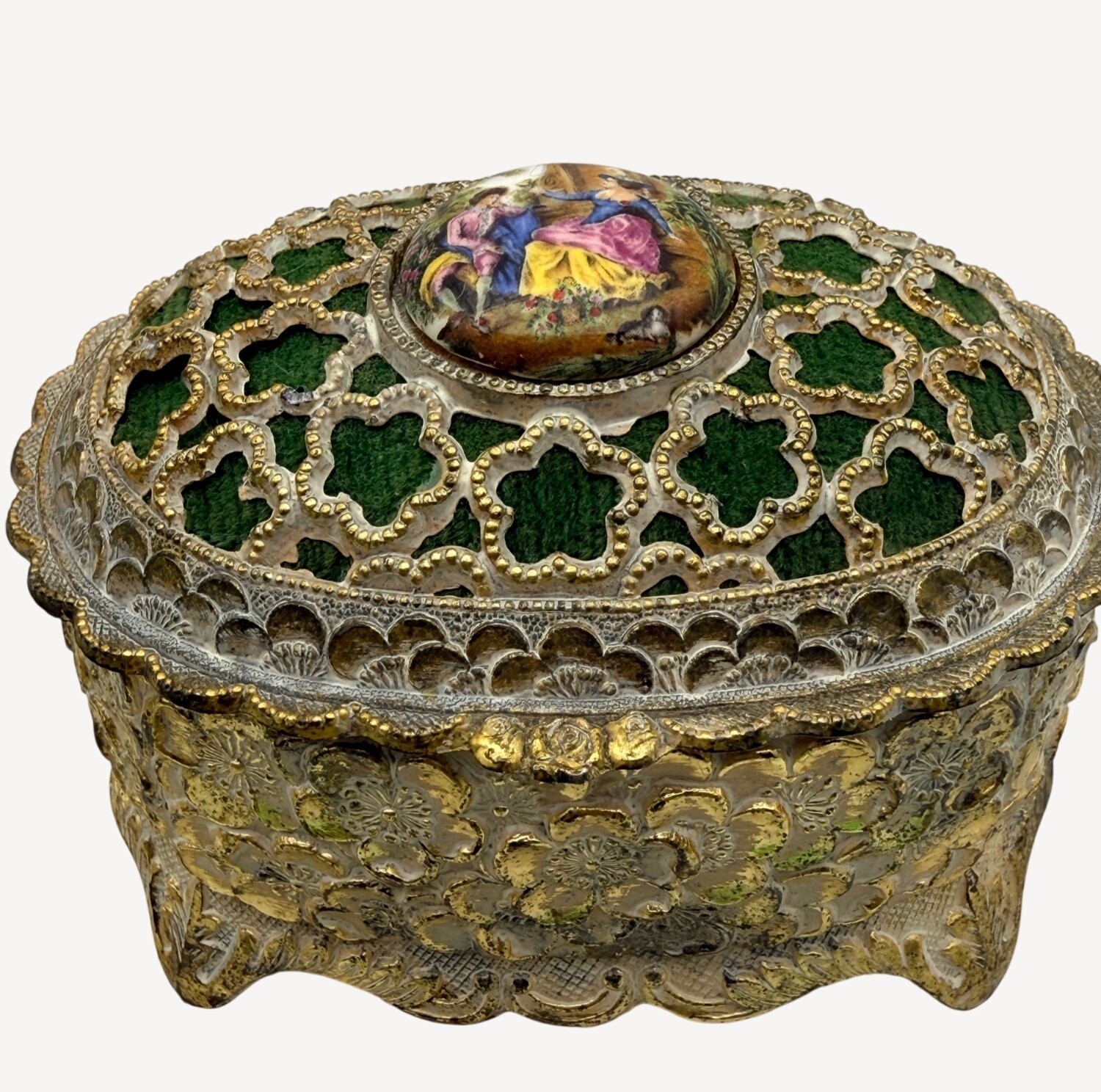 Vintage Musical Trinket Jewelry Box Mele Sankyo Gold Filigree Green Velvet Japan