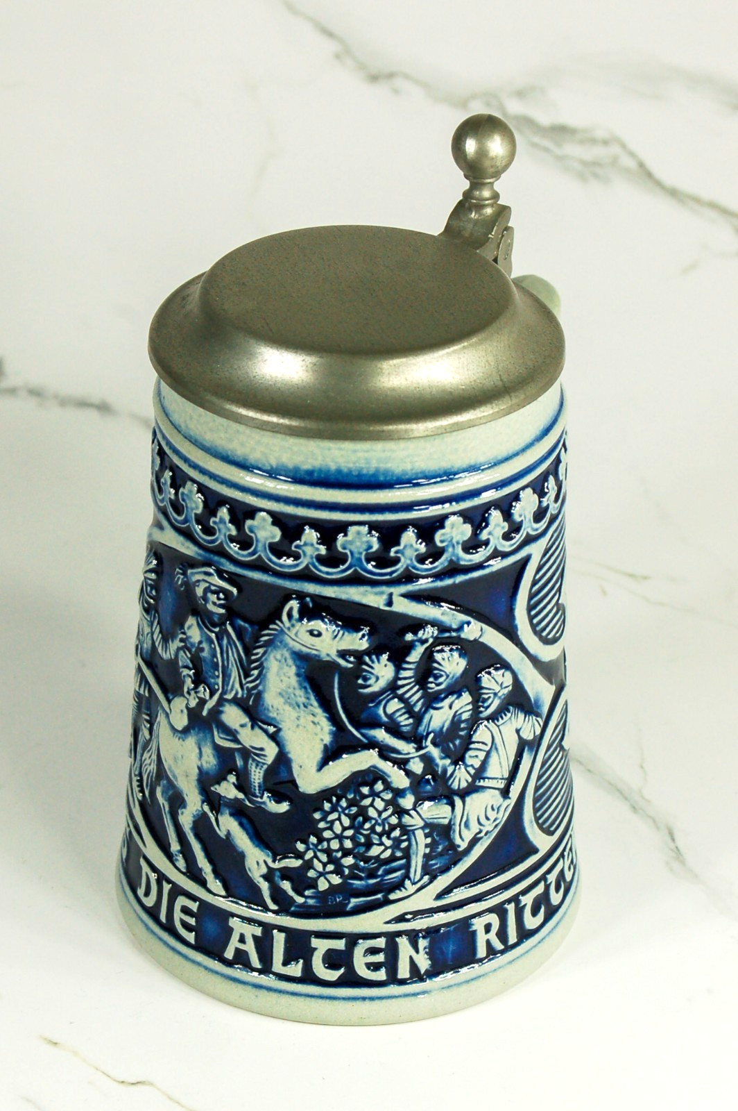 Old Knights cobalt blue beer stein with pewter lid germany Gerz