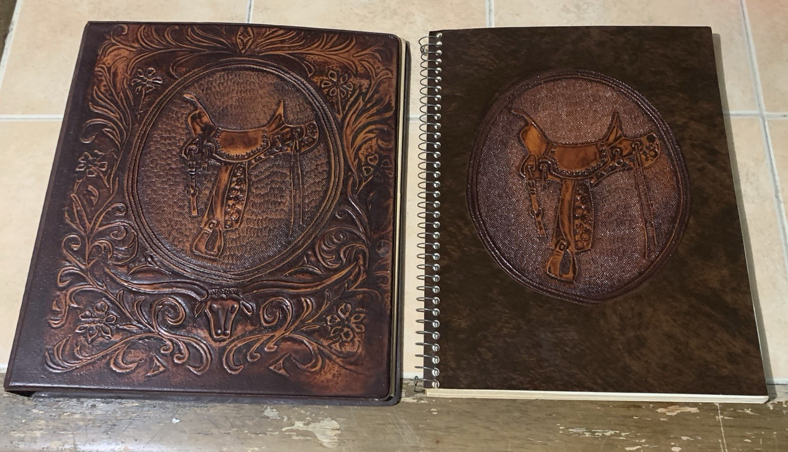 Vintage Western Tooled Leather 3 Ring Binder Album & Longhorn Spiral Notebook Vintage Western Tooled Leather 3 Ring Binder Album & Longhorn Spiral Notebook