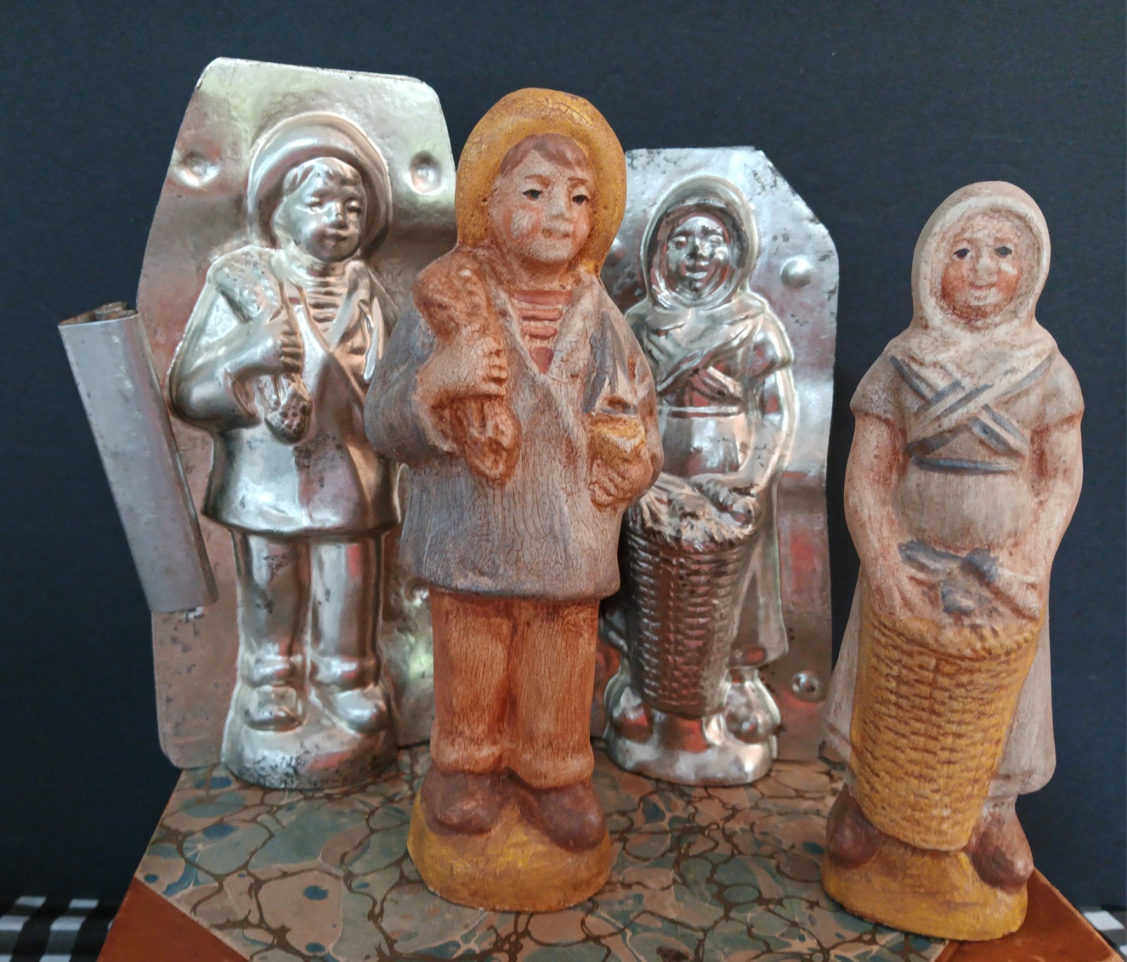 Vintage French Peasant Fishing Village Pair, Chocolate Molds & Chalkware Figures Vintage French Peasant Fishing Village Pair, Chocolate Molds & Chalkware Figures