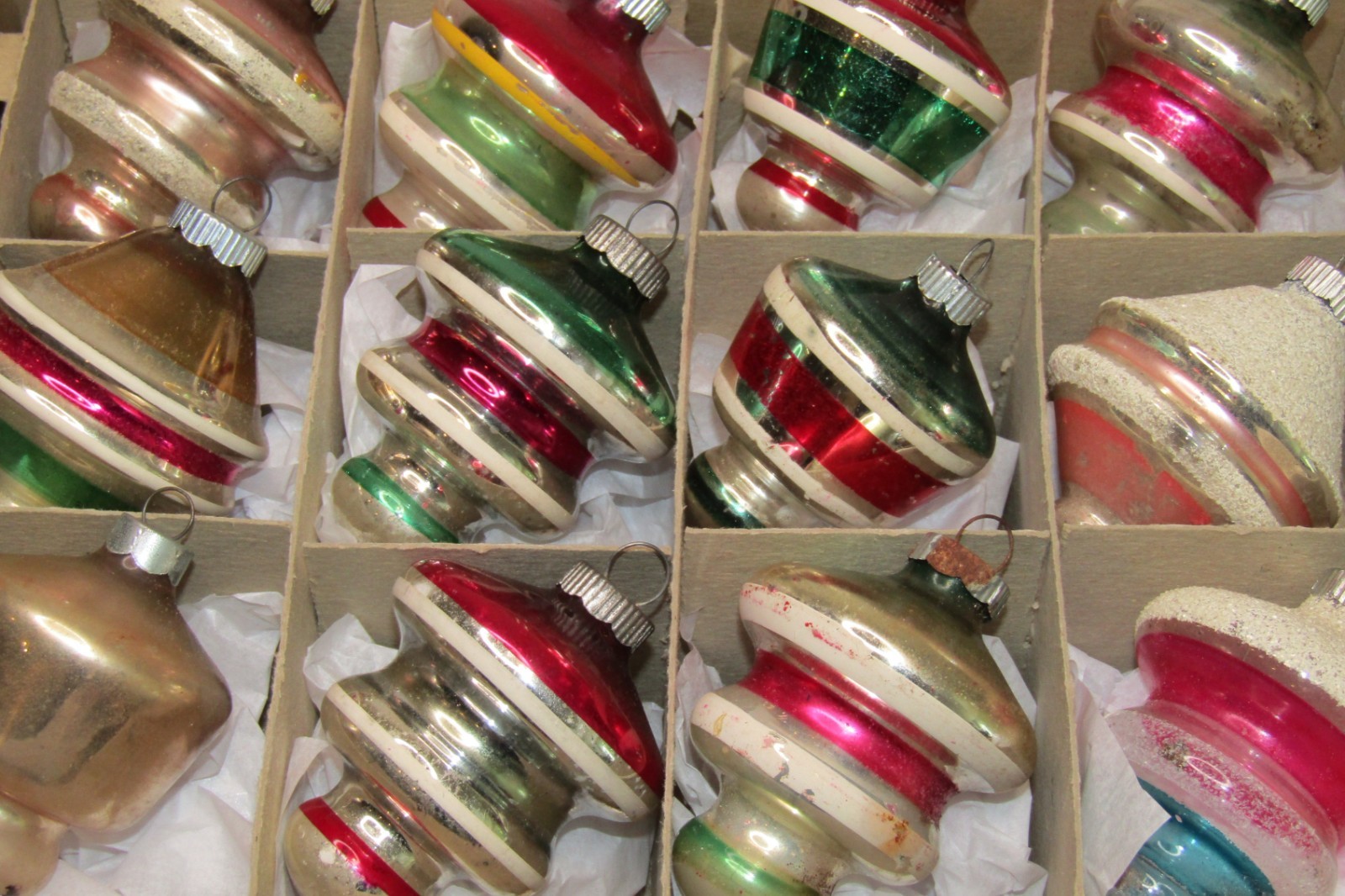 Lot VTG Glass Striped TORNADO CARRIAGE LIGHT DROP Christmas Ornament Shiny Brite