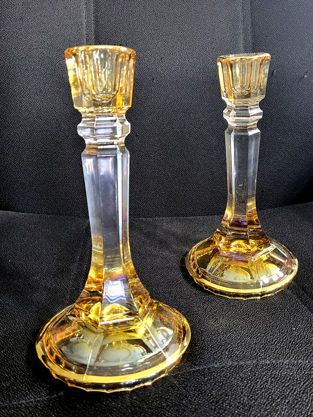 Vintage SC Italian Genuine Lead Crystal Amber Yellow Candlestick Holders Pair
