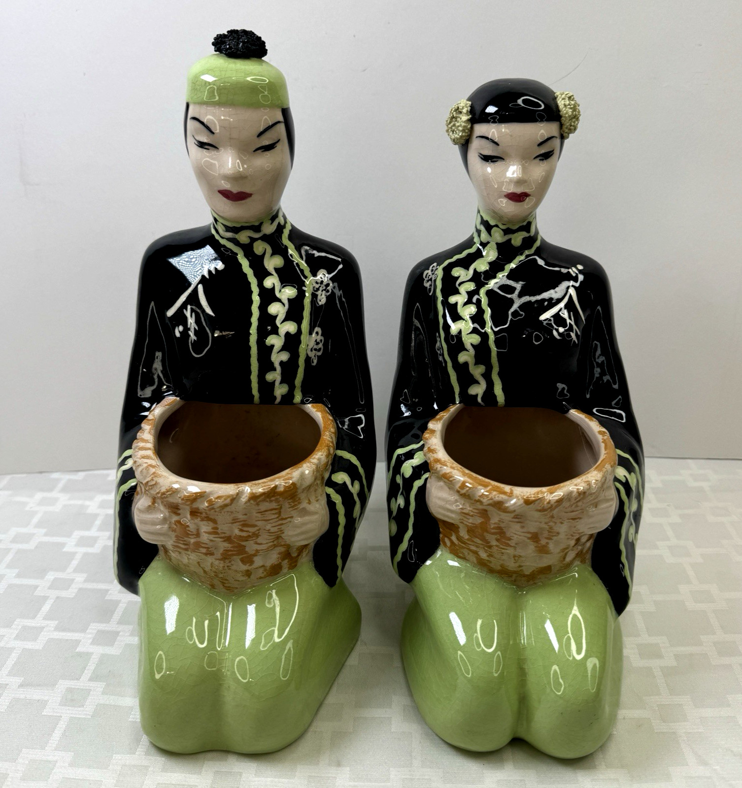 MCM Kaye of Hollywood Asian Figural Ceramic Planter Set #381 #382 Kitsch Pop Art