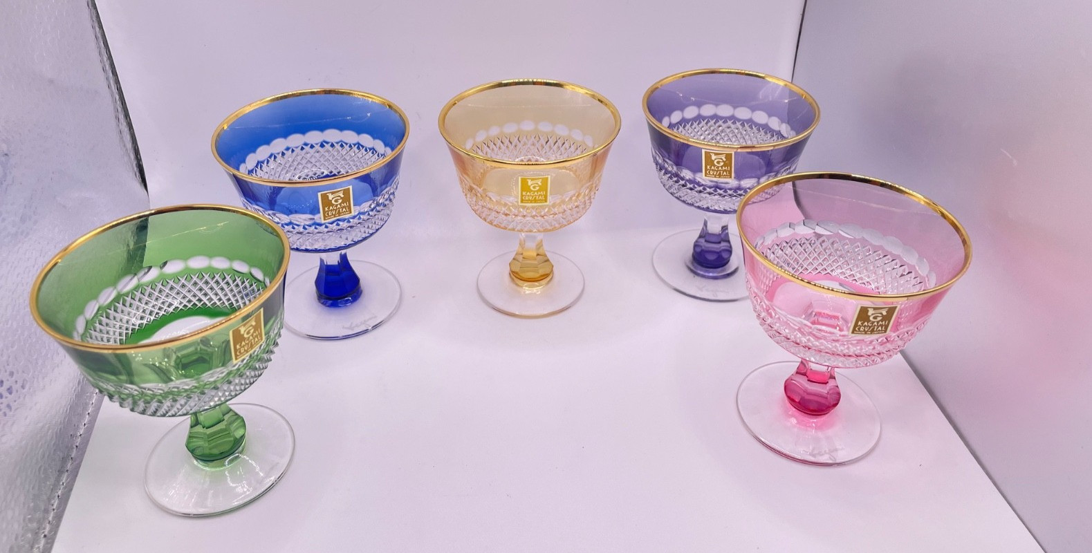 KAGAMI Crystal LOT of 5 color Edo Kiriko Kaiseki large cups gold rimmed aperitif