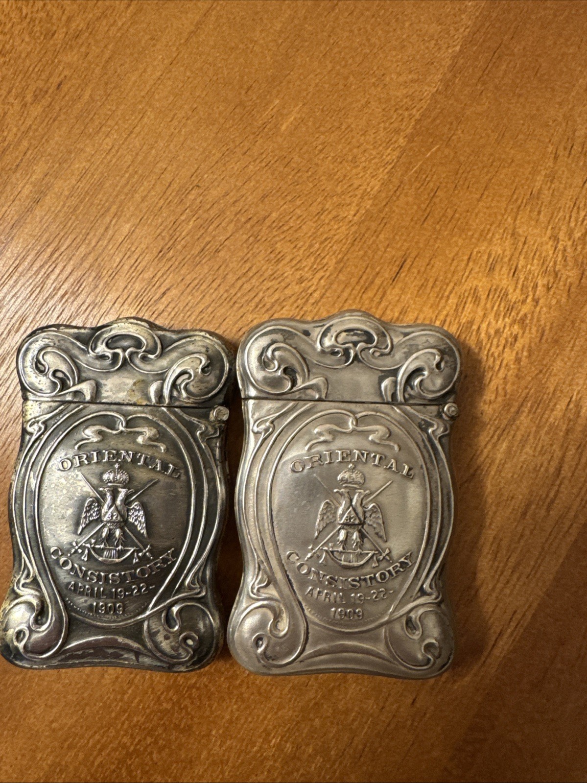 1909 Oriental Consistory Masonic Match Safes Pair 32° Scottish Rite Silverplate