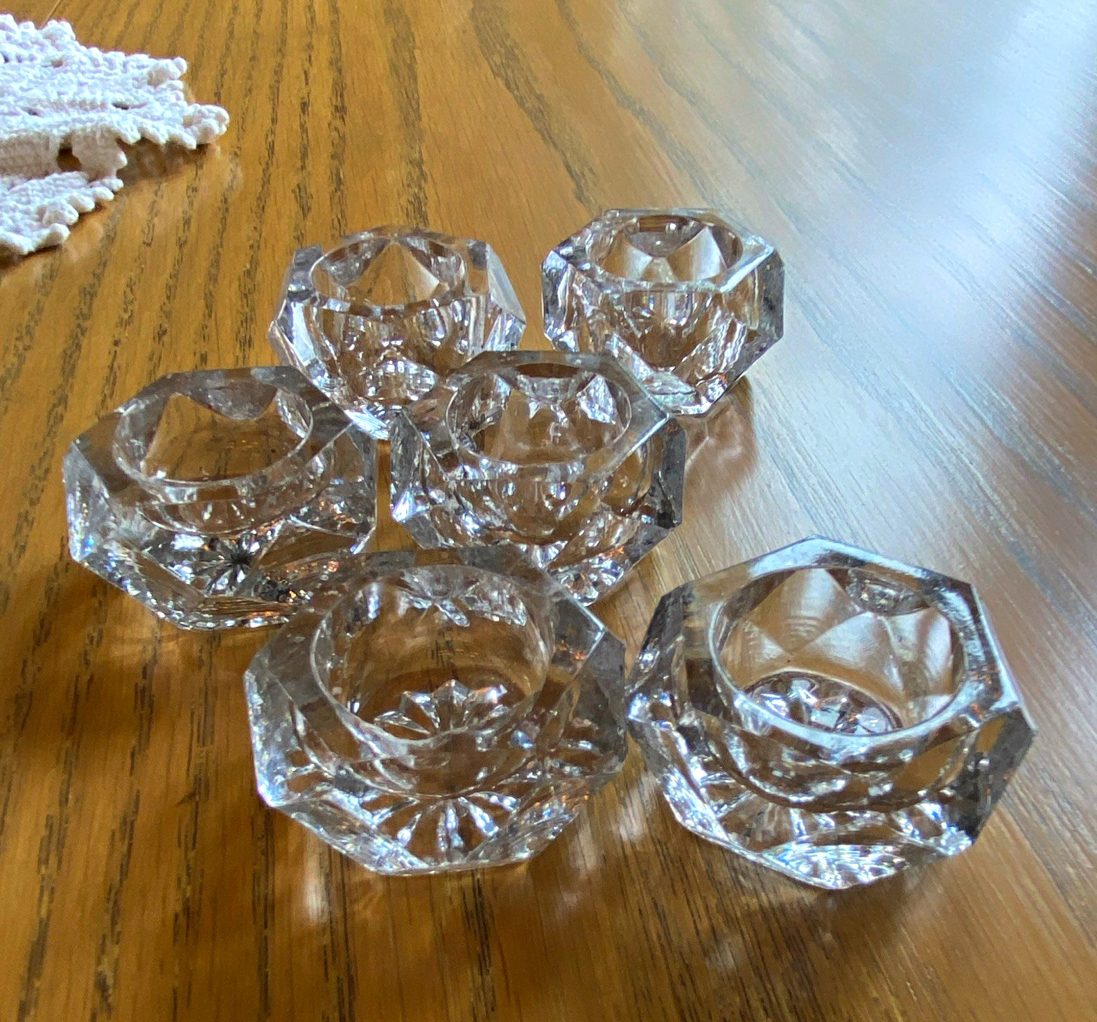 Set of 6 Clear Hexagon Glass Open Salt Cellars Starburst Bottom