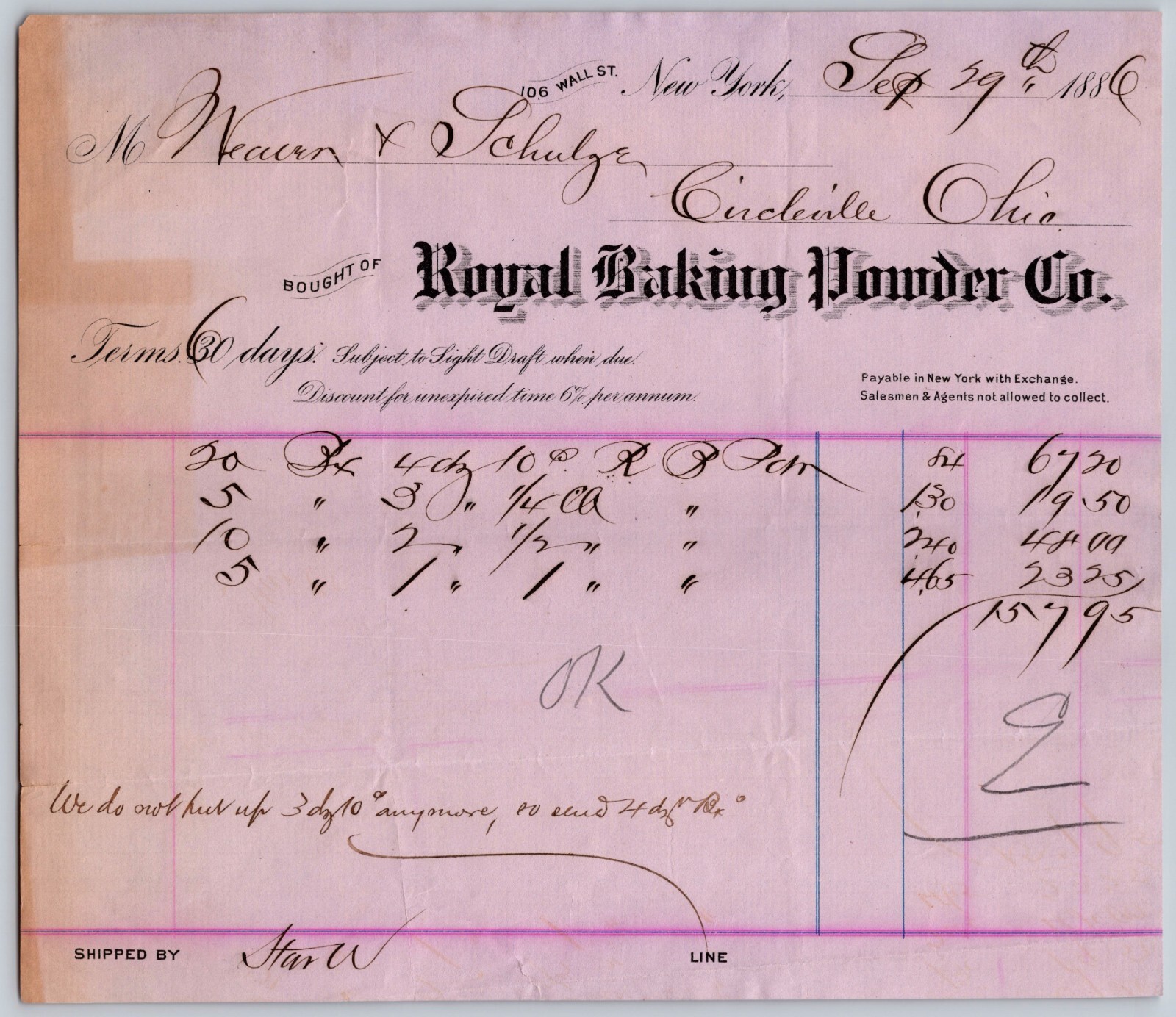 ANTIQUE LETTERHEAD ROYAL BAKING POWDER CO 1886 CIRCLEVILLE OHIO  NEW YORK