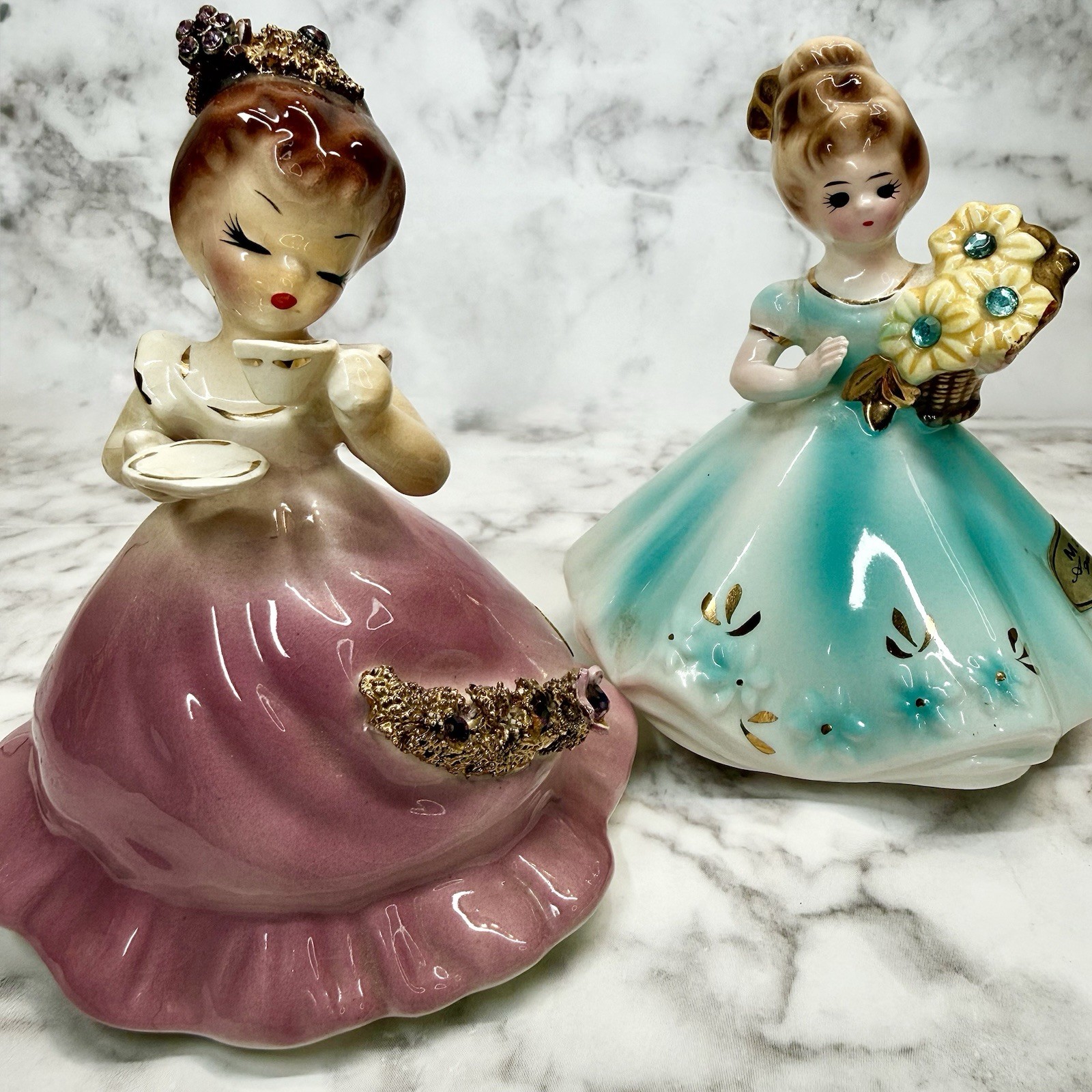 VTG Set (2) Josef Originals “Wee Three Tea Time” + “March Aquamarine”Figurines
