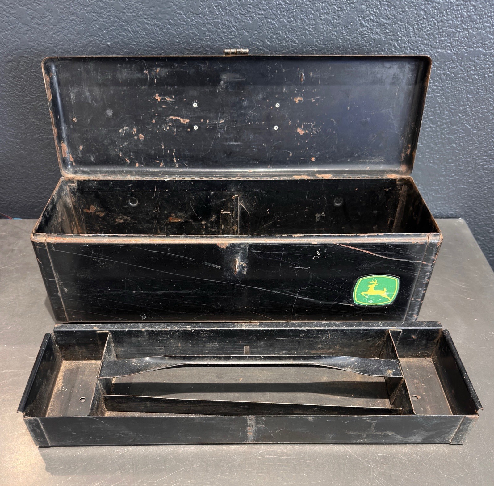 Vintage John Deere Tractor Steel Tool Box 18” with Removable Tray 1950s 1960s Vintage John Deere Tractor Steel Tool Box 18” with Removable Tray 1950s 1960s