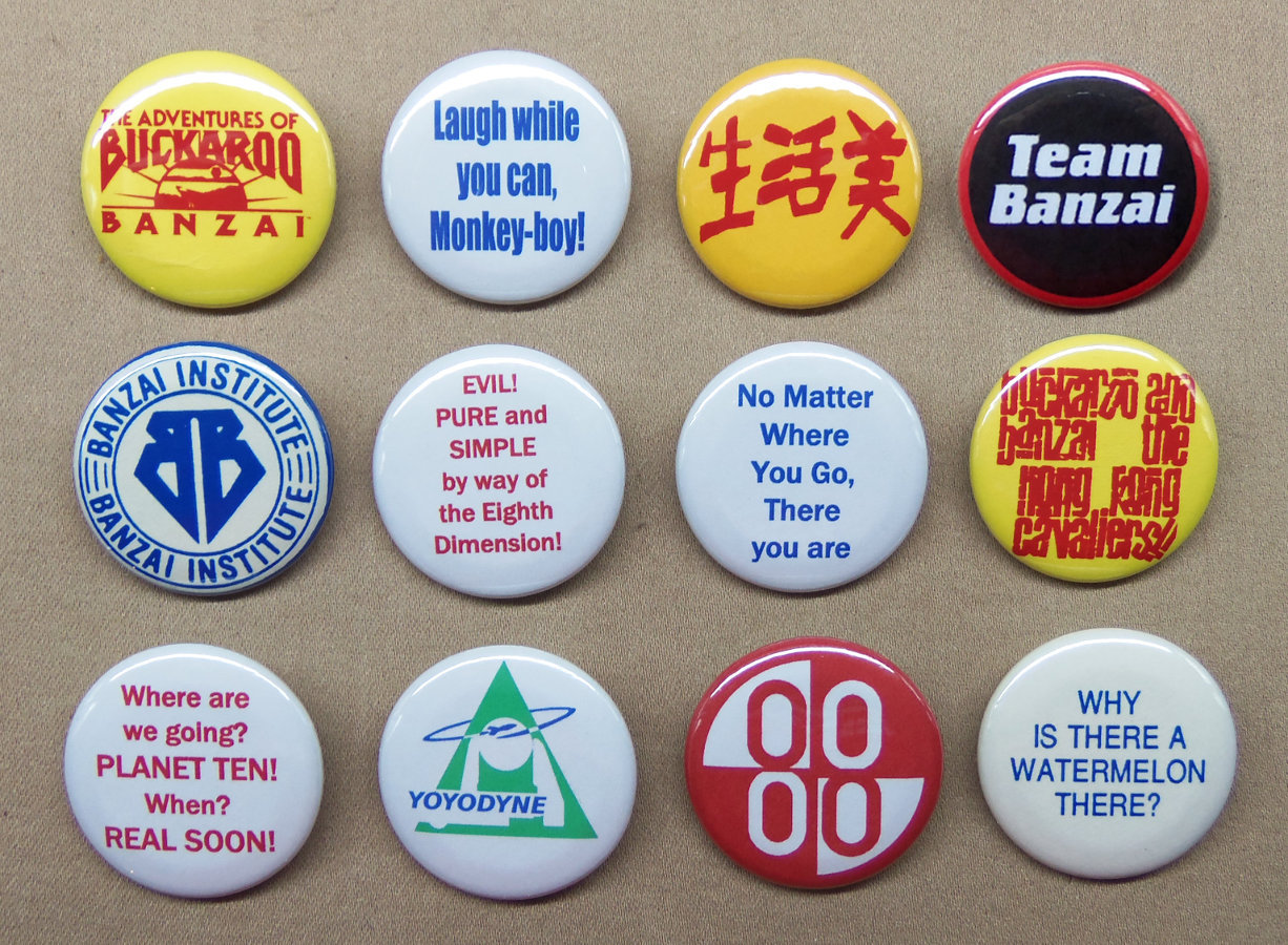 Buckaroo Banzai 12 Button Set Logos, Quotes, HK Cavaliers, Yoyodyne, ++ 1.25 Buckaroo Banzai 12 Button Set Logos, Quotes, HK Cavaliers, Yoyodyne, ++ 1.25