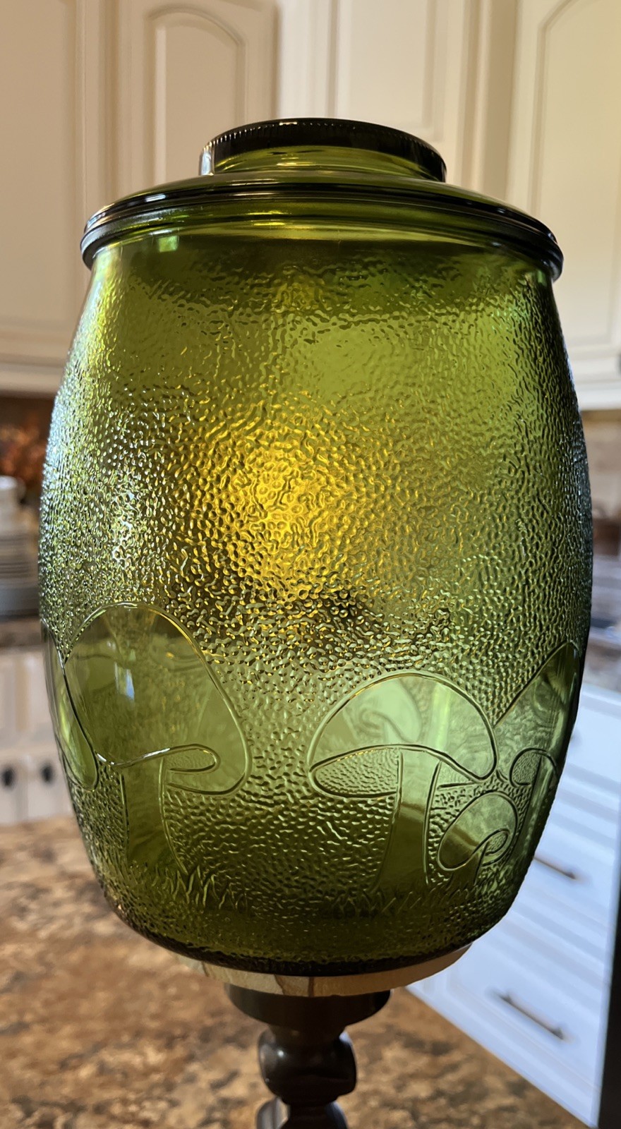 Vintage Bartlett Collins 70\'s Green Glass Mushroom Cookie Jar Beautiful 8.5”