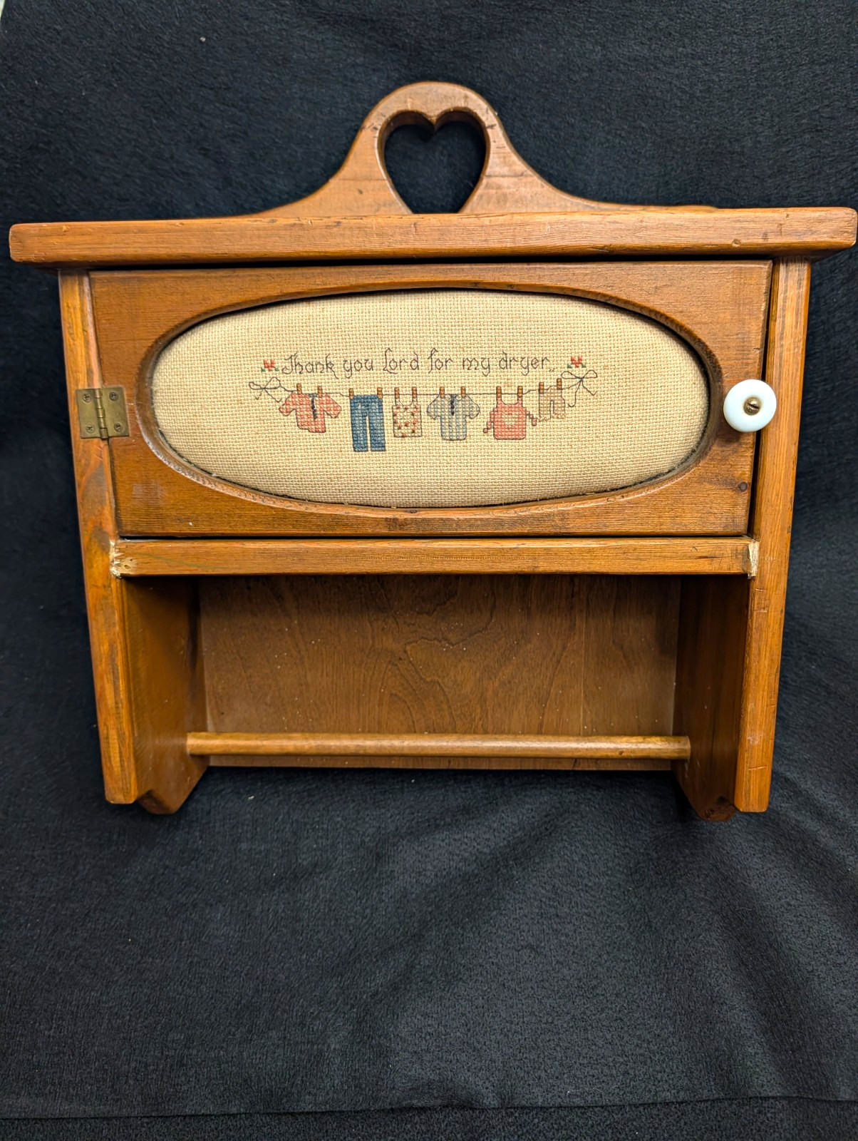 Vtg Handmade Wood Hand washing and towel Cabinet Wall Mount Cross Stitch