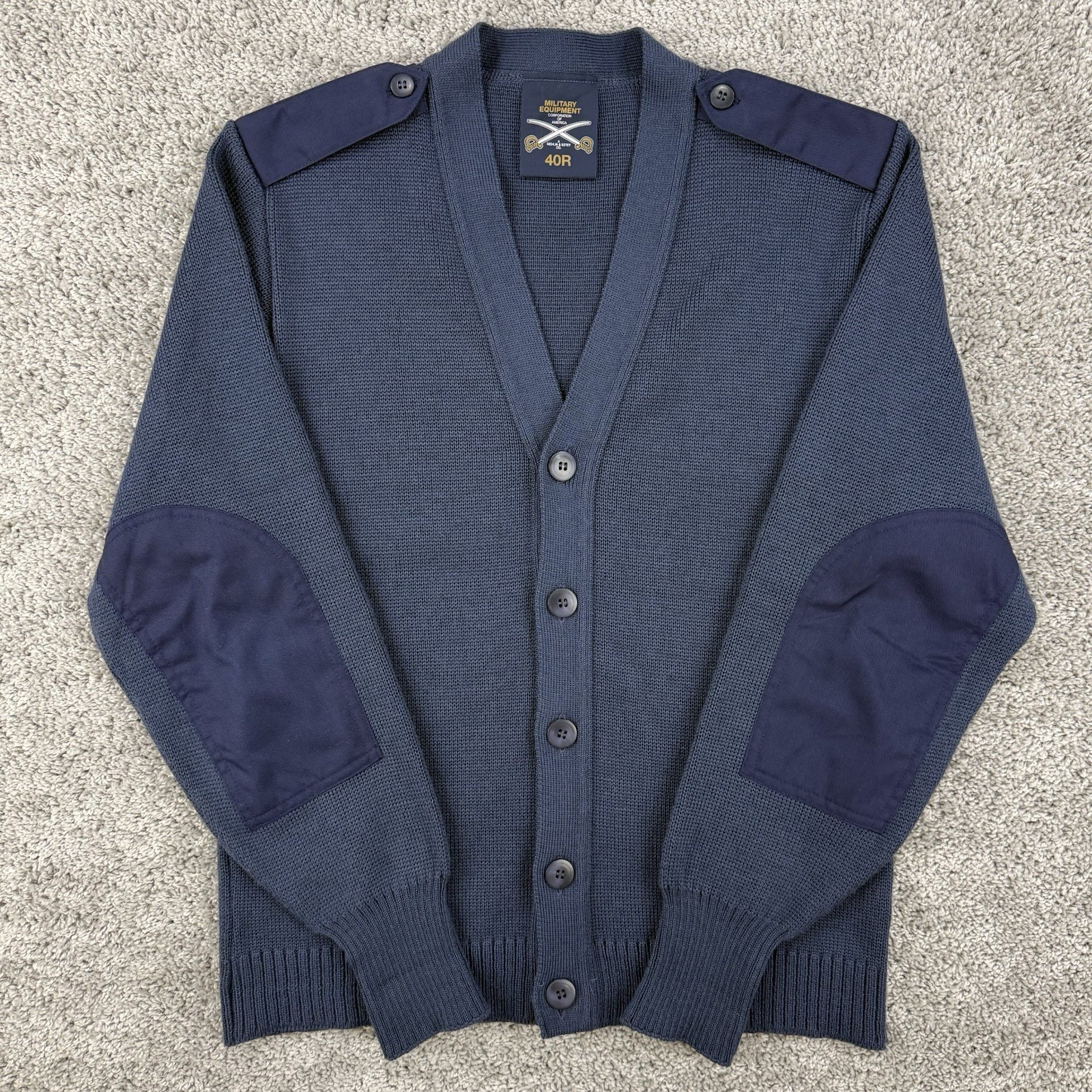 Military Equipment Cardigan Mens 40R Blue Elbow Patch Wool Made In Great Britain