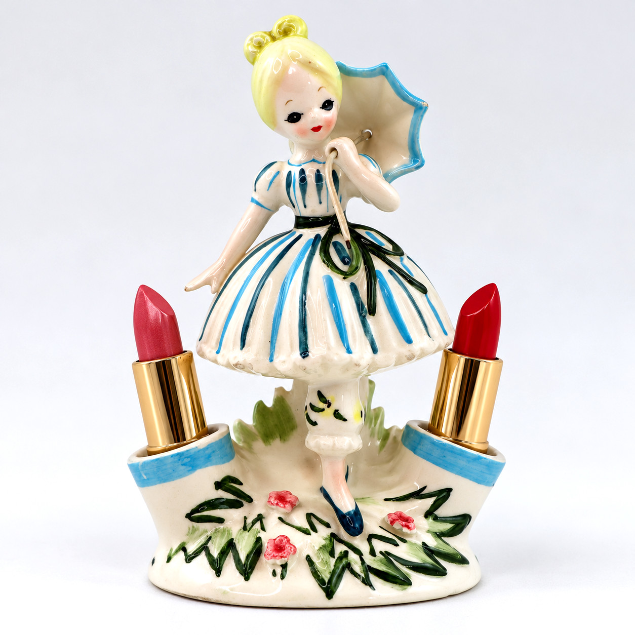 Vintage Japan ceramic Vanity Lipstick Holder Lady w/ Umbrella 1960s 6.5\