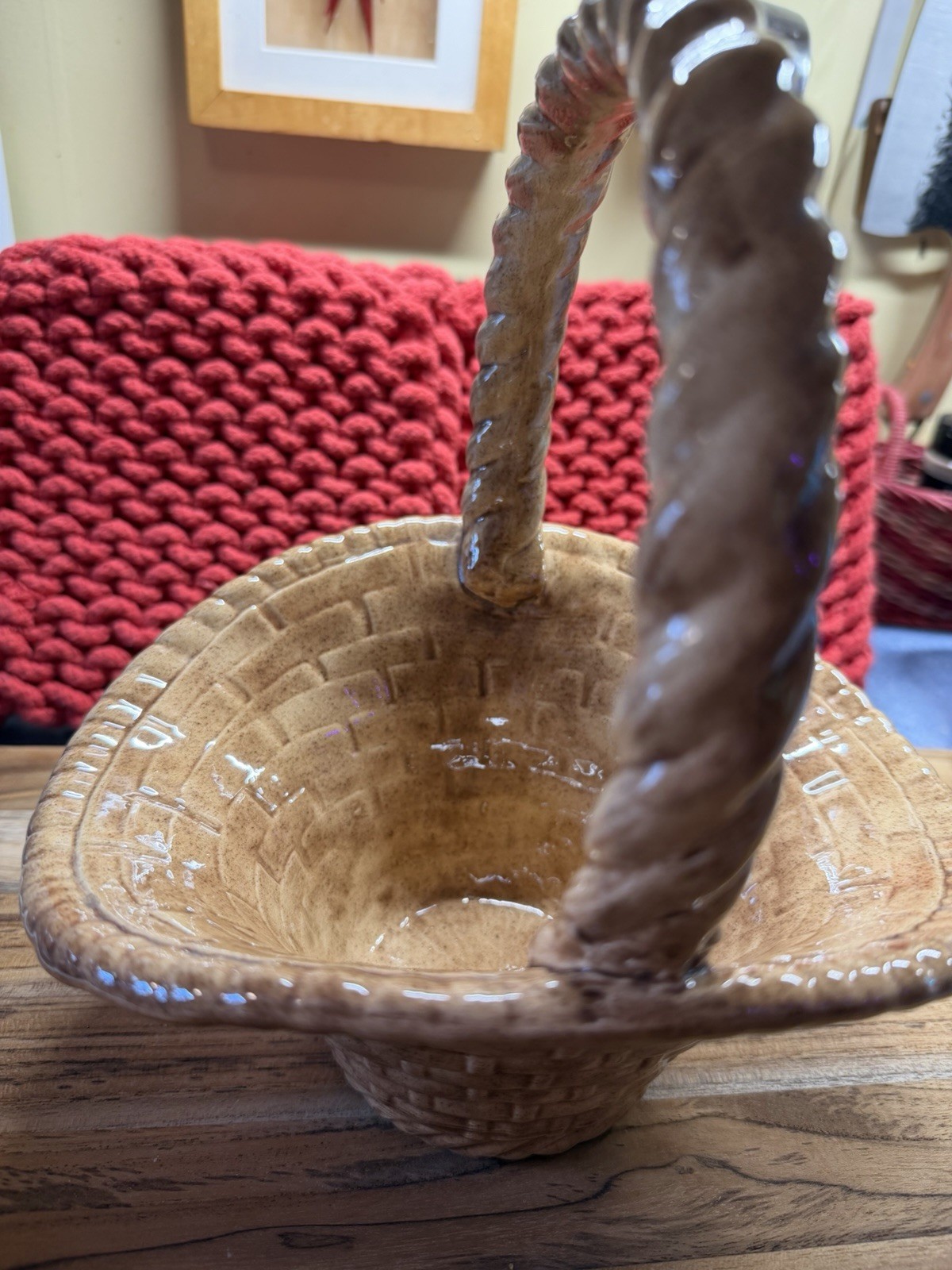 Beautiful Brown Glazed Ceramic Round Basket Weave Handled Basket, 