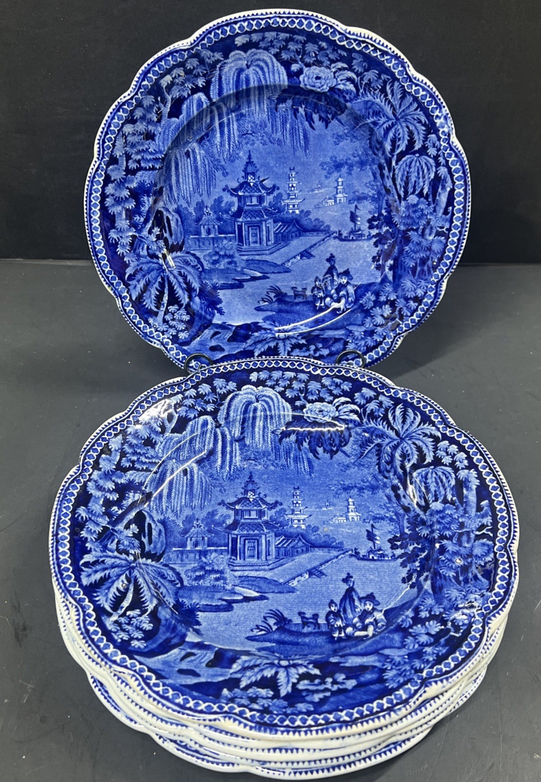 Antique Clews Warranted Staffordshire 8.75” Pekin Cobalt Blue Transferware Set 6