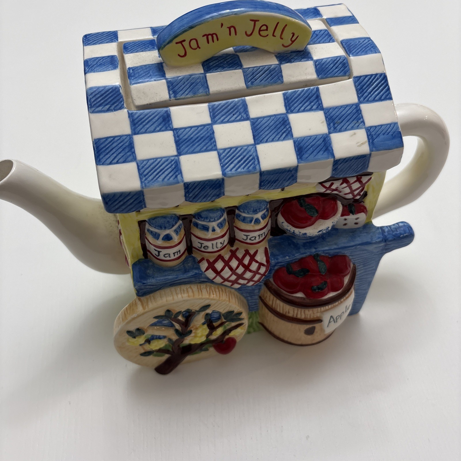Lotus Vintage 1995 Ceramic JAm\'n Jelly vendor cart Teapot Small blue white Lotus Vintage 1995 Ceramic JAm\'n Jelly vendor cart Teapot Small blue white