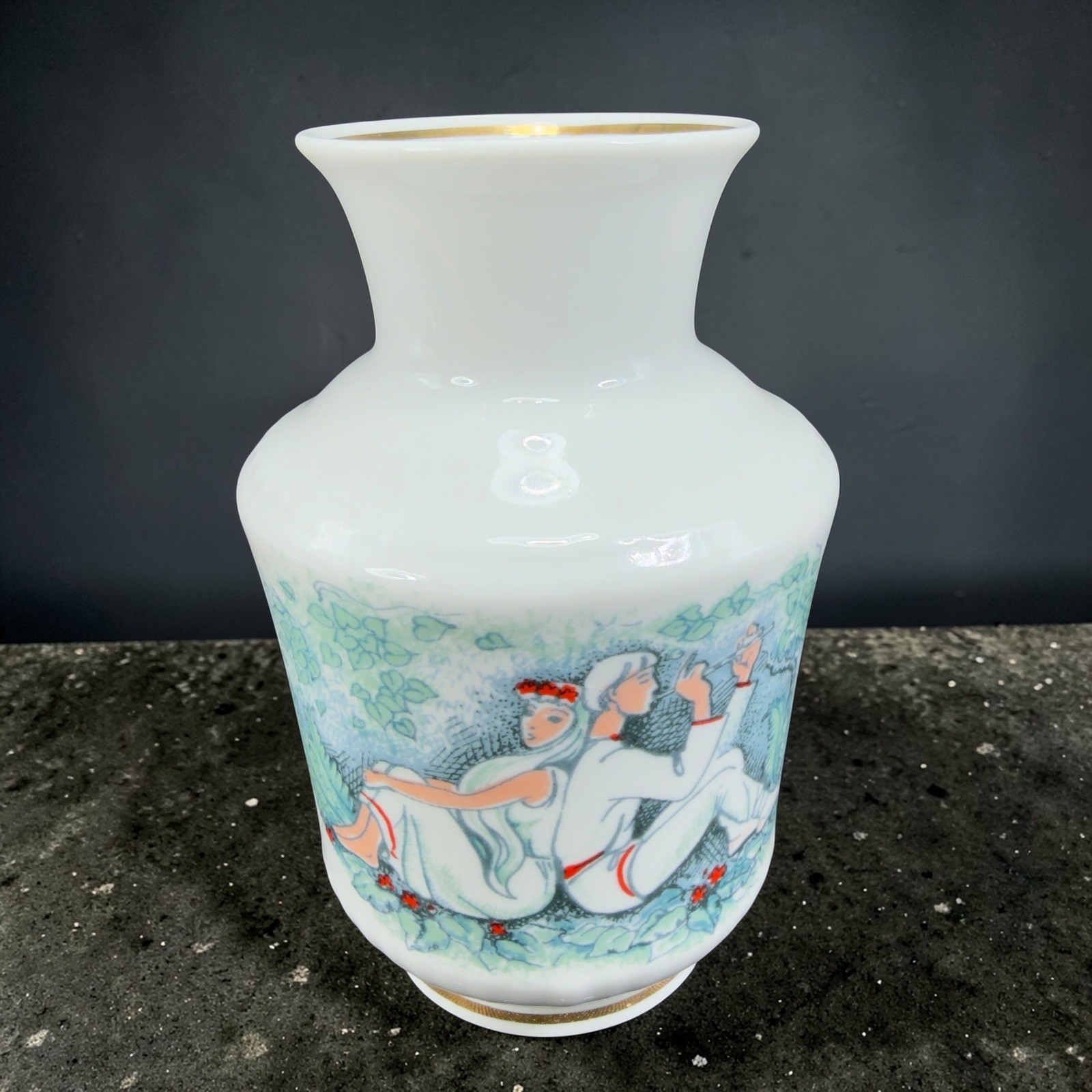 Vintage Polonne ZHK Porcelain Vase Vessel Soviet Folk Art Couple Flute Gold Rim Vintage Polonne ZHK Porcelain Vase Vessel Soviet Folk Art Couple Flute Gold Rim