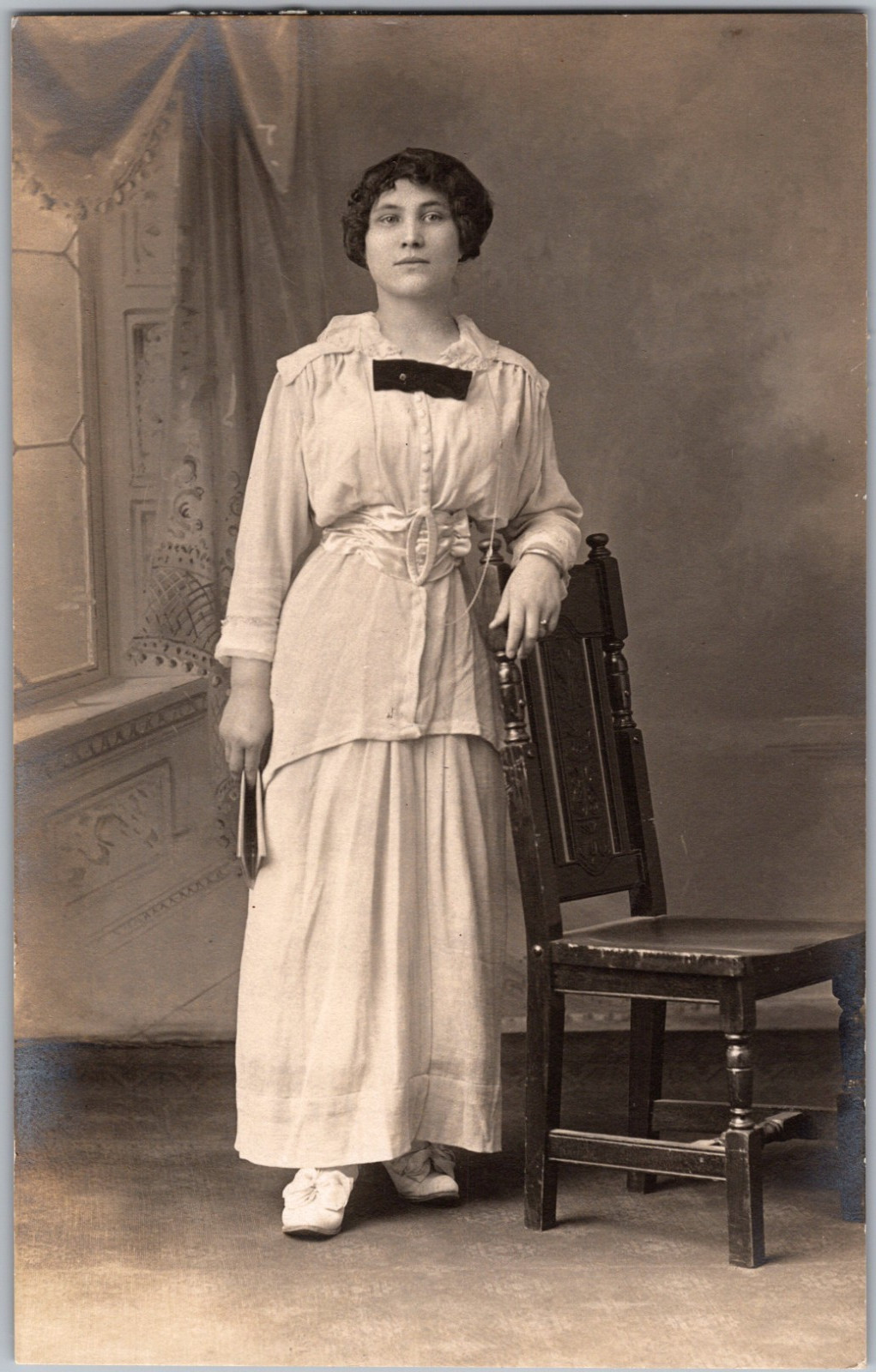 Antique RPPC Real Photo Postcard Standing Woman Edwardian Dress Bow Accent AZO Antique RPPC Real Photo Postcard Standing Woman Edwardian Dress Bow Accent AZO