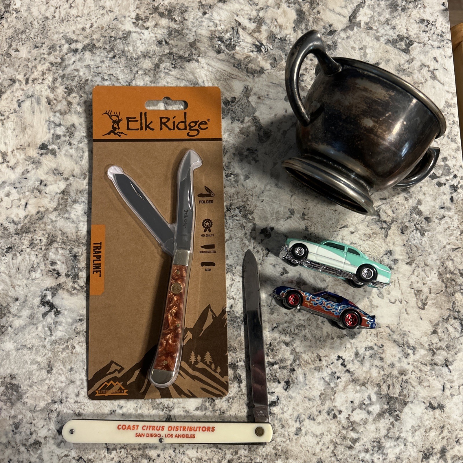 Junk Drawer Lot Knifes, Hot Wheels, & Vintage Bowl Junk Drawer Lot Knifes, Hot Wheels, & Vintage Bowl