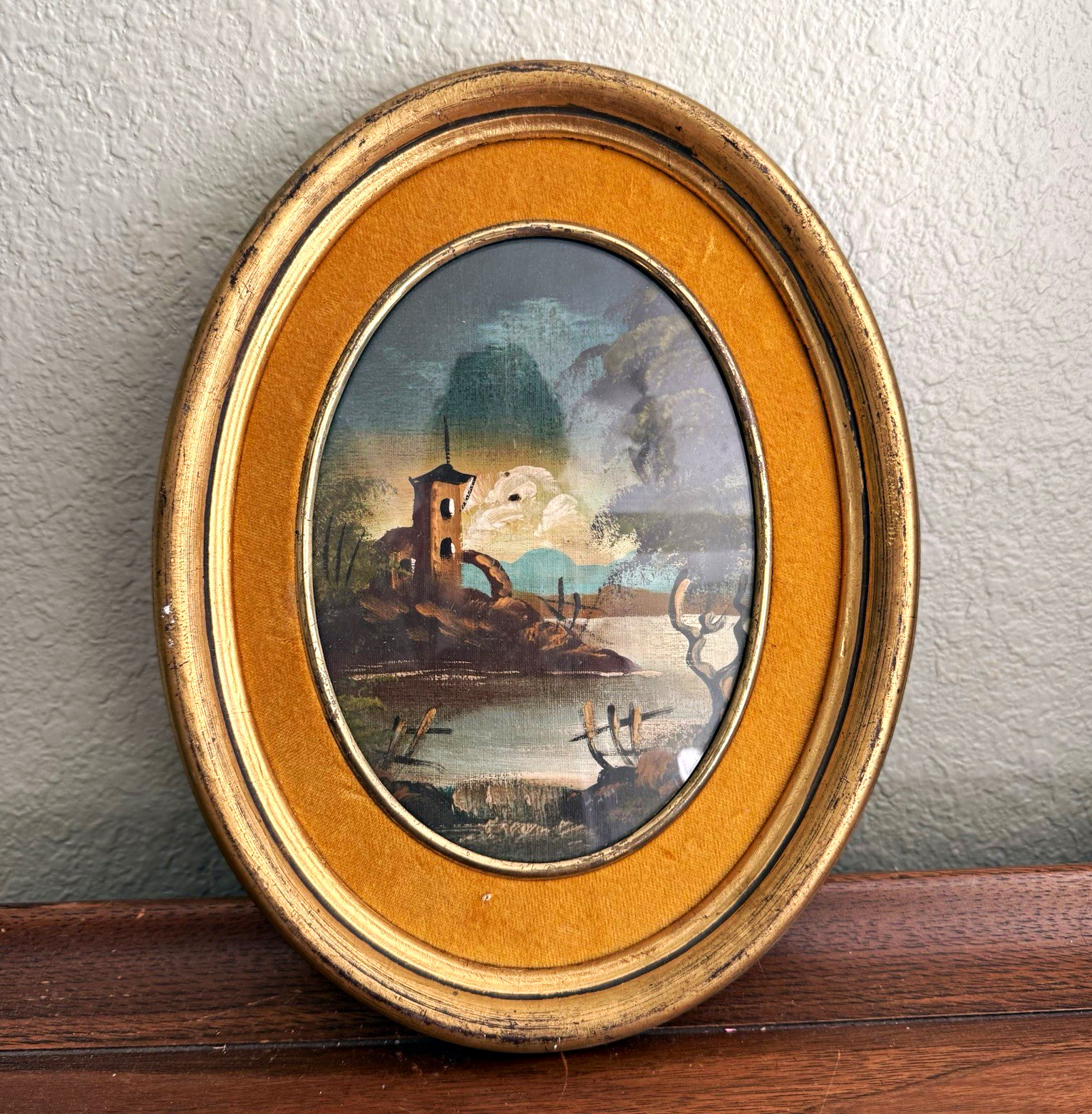 Vintage painted landscape in gilded oval frame, old image in Oval