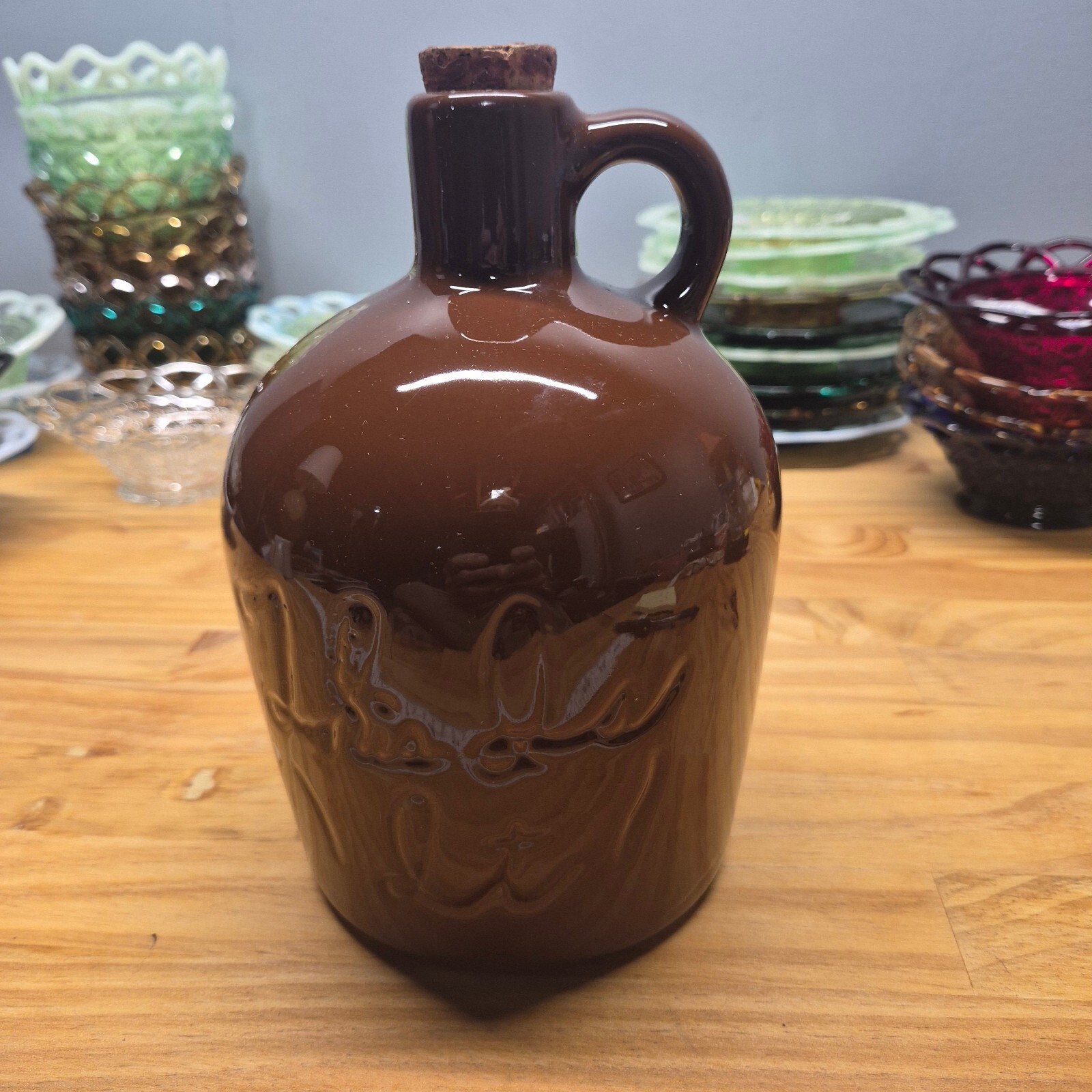 Vintage This Is It Brown Ceramic Whiskey Jug with Cork Stopper and Handle