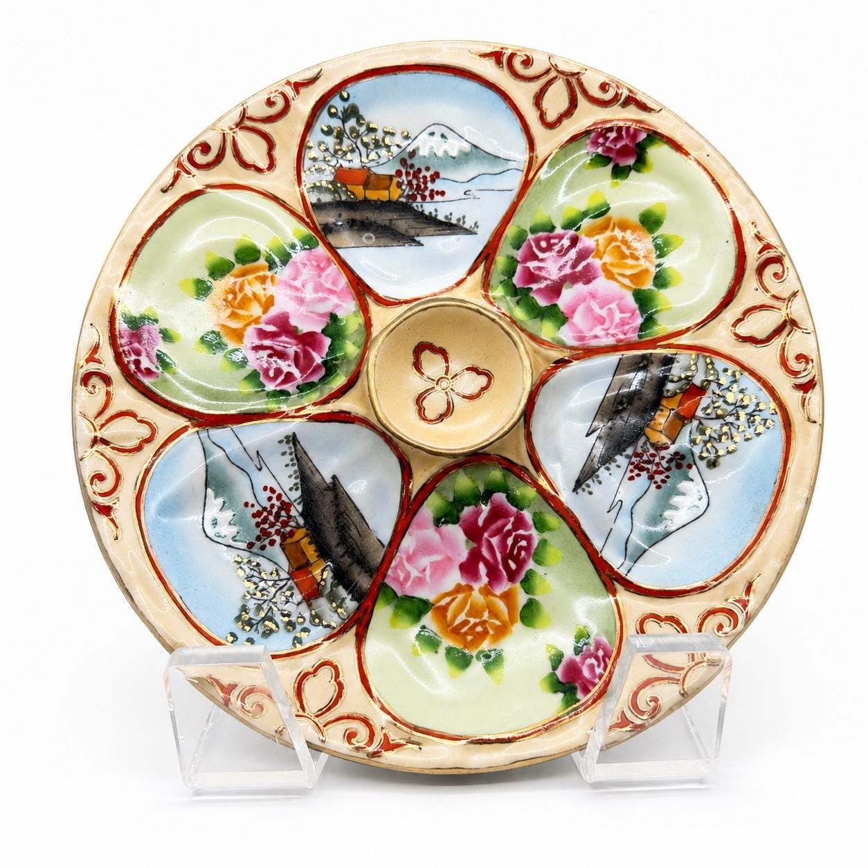 Antique Nippon Oyster Plate Hand Painted Floral Landscape Japan Collectible