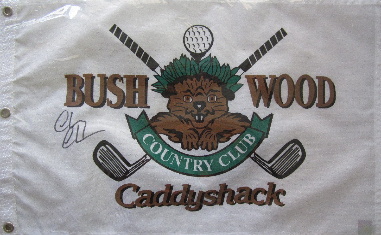 Chevy Chase autograph signed Caddyshack Bushwood golf flag (Superstar Greetings) Chevy Chase autograph signed Caddyshack Bushwood golf flag (Superstar Greetings)
