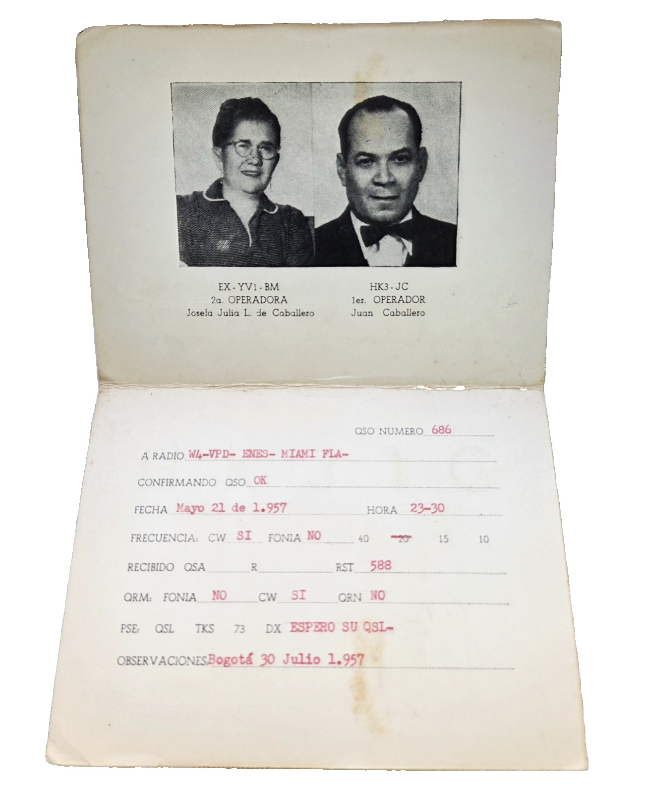 Vintage 1957 QSL Ham Amateur Radio Card Bogota Colombia QSO Poetic Postcard Dxcc