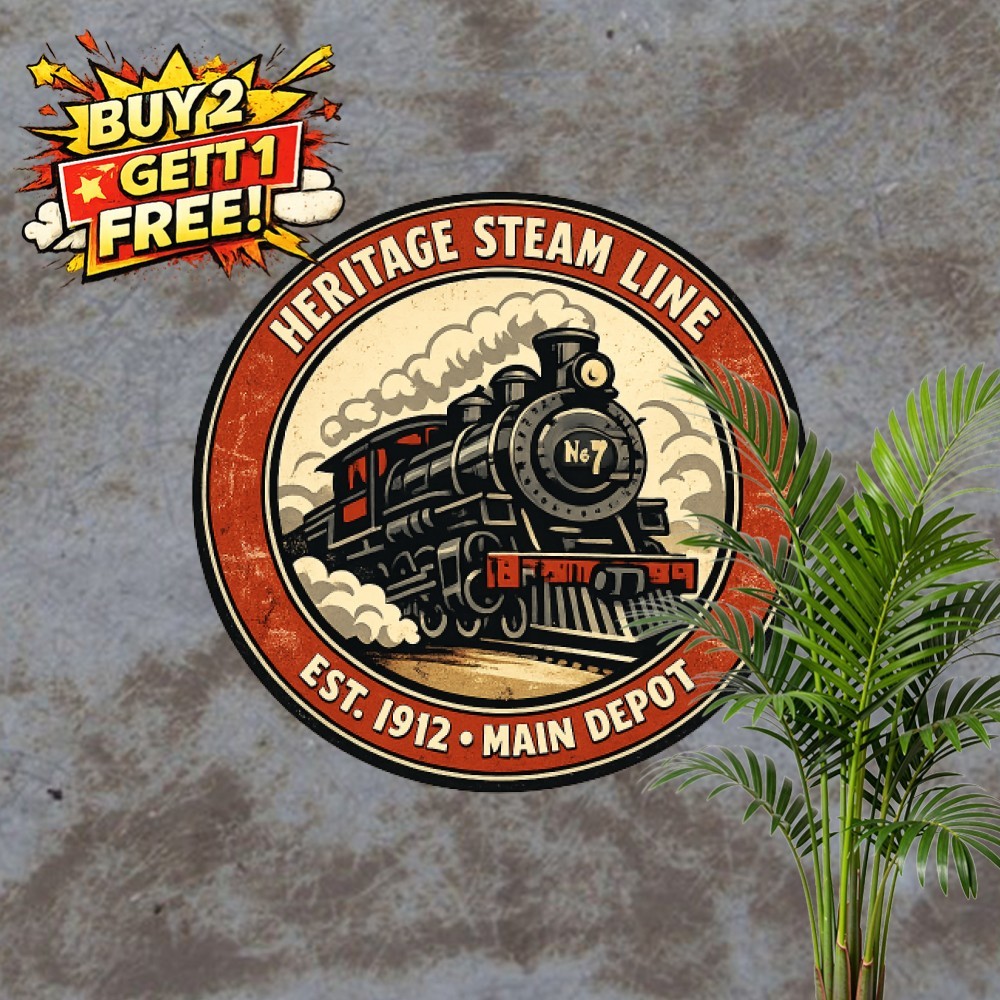 Vintage Locomotive Railroad Train Round Tin Sign Rustic Transit Wall Decor 8x8