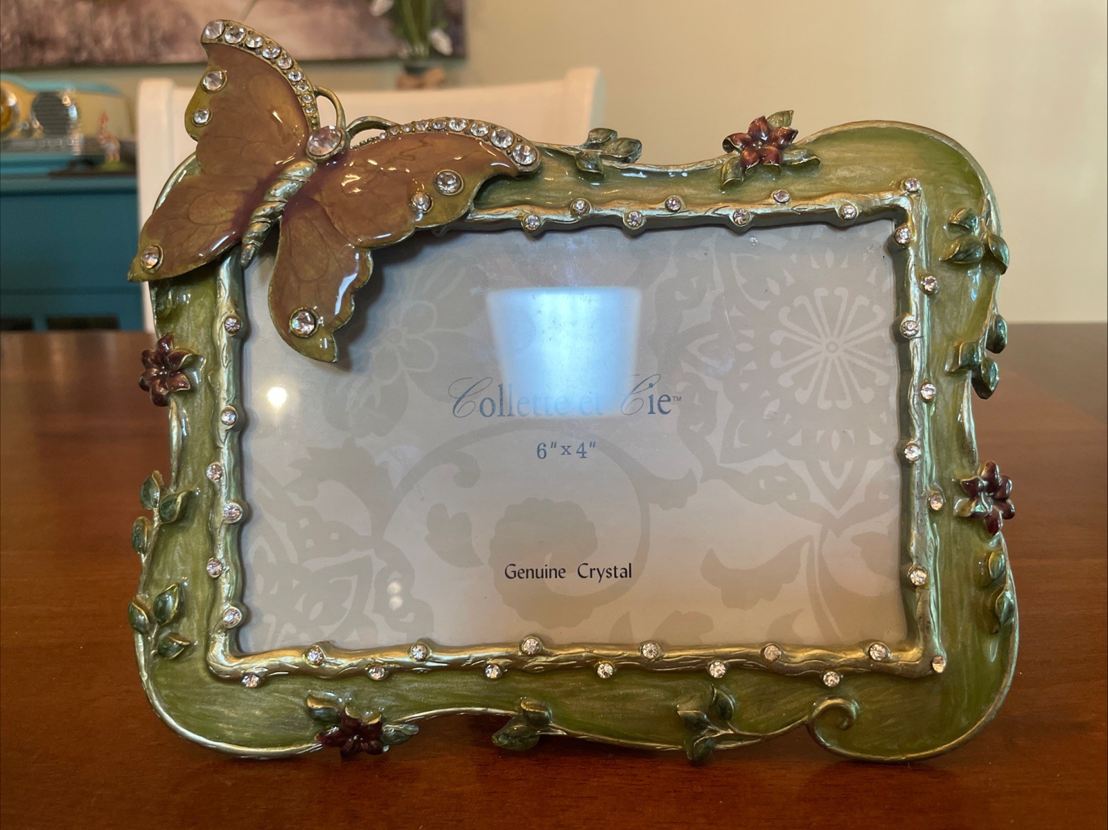 Collette Et Cie 6“x4“ Genuin Crystal Butterfly Picture Frame Green Jeweled 