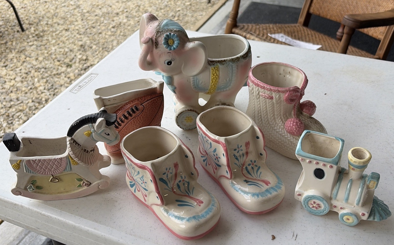 Vintage Ceramic Baby Nursery Planters Lot of 7- Booties Horse Train Elephant Vintage Ceramic Baby Nursery Planters Lot of 7- Booties Horse Train Elephant