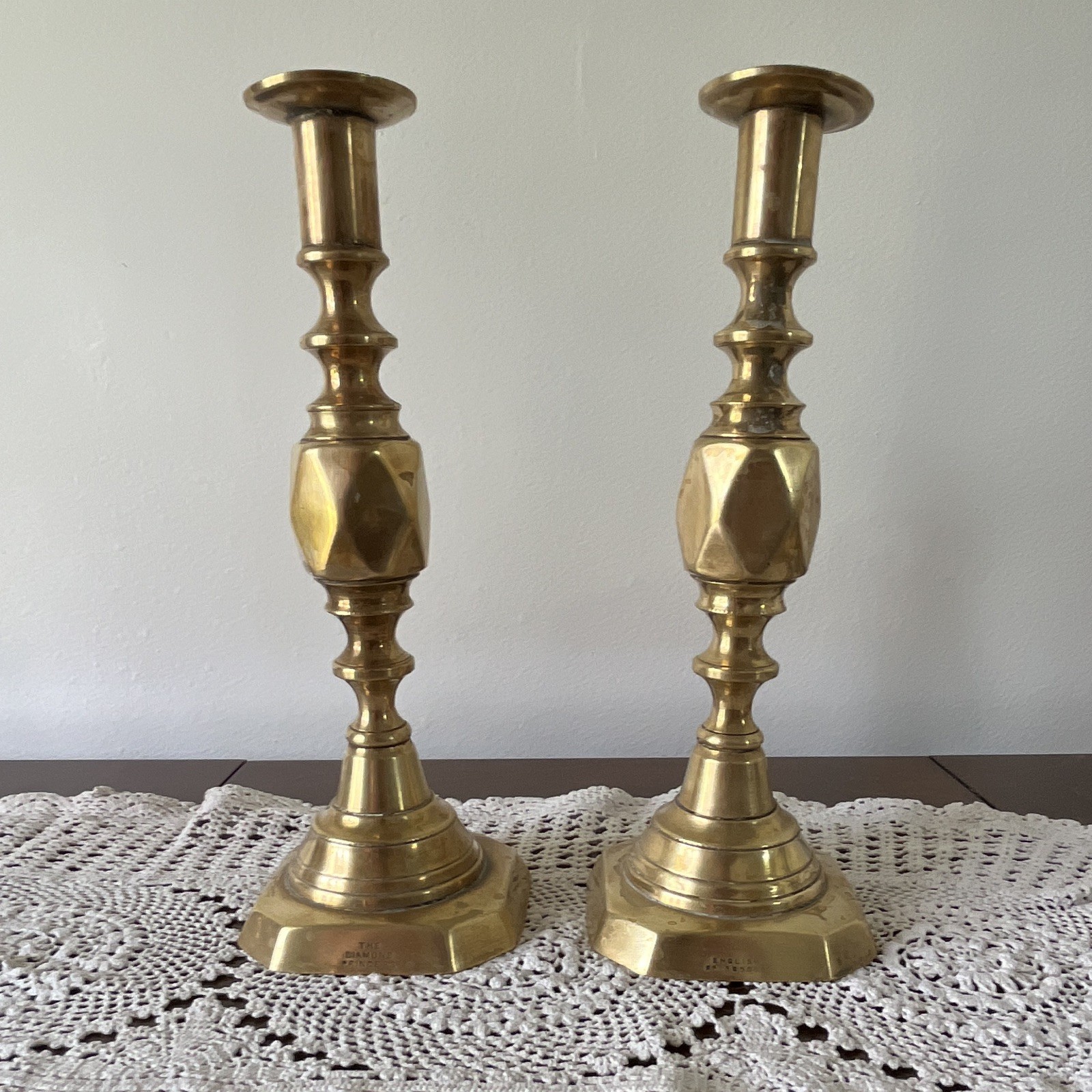 Antique English Brass “The Diamond Princess” Candlesticks Pair Early 1900s 11in Antique English Brass “The Diamond Princess” Candlesticks Pair Early 1900s 11in