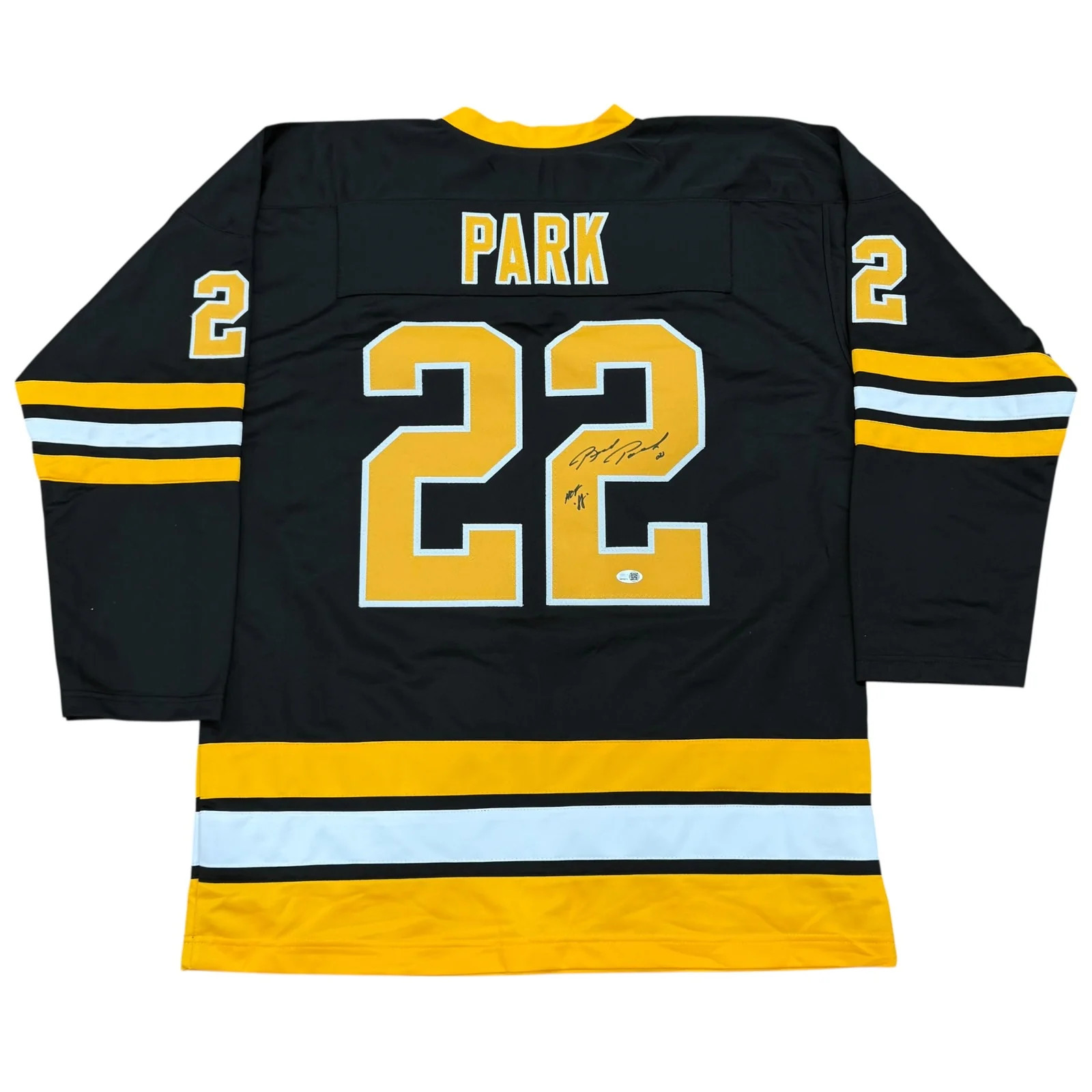 Brad Park Autographed Boston Bruins (Black #22) Custom Jersey w/ Brad Park Autographed Boston Bruins (Black #22) Custom Jersey w/