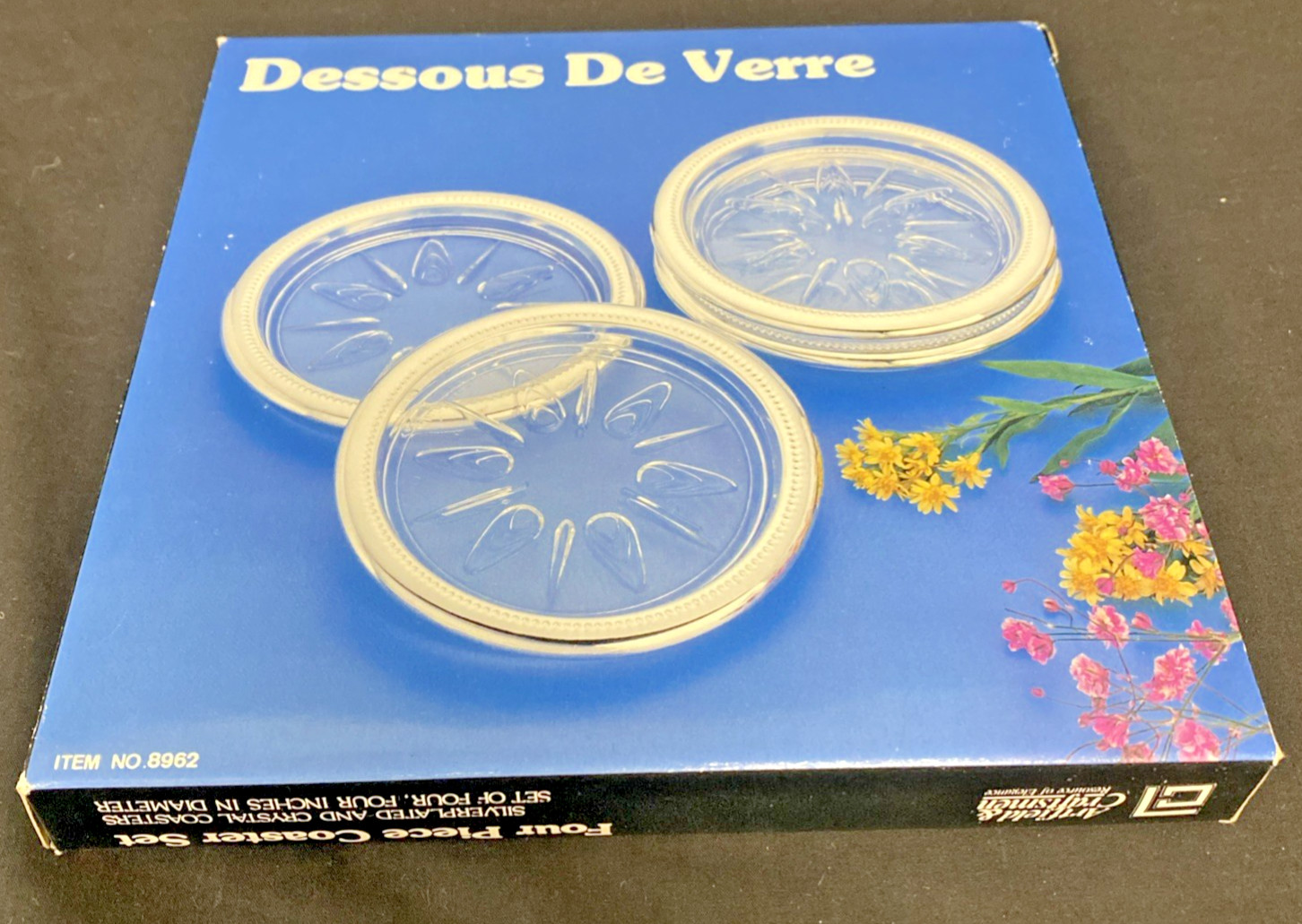 Artfield & Craftsmen Dessous De Verre - Silver Plated Crystal Coasters - NIB Vtg Artfield & Craftsmen Dessous De Verre - Silver Plated Crystal Coasters - NIB Vtg